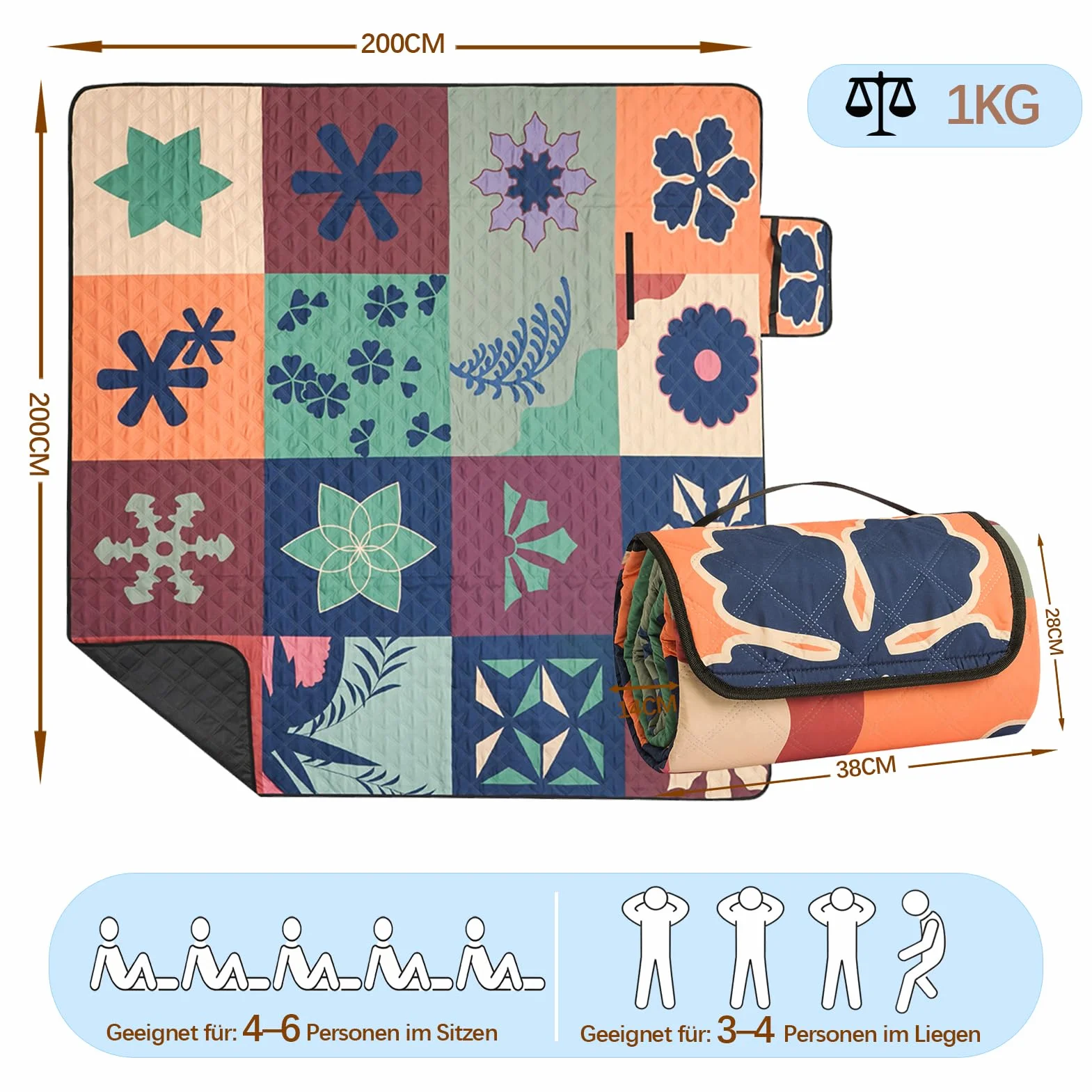 Tappetino da picnic 200x200 cm impermeabile coperta spiaggia isolante XXL