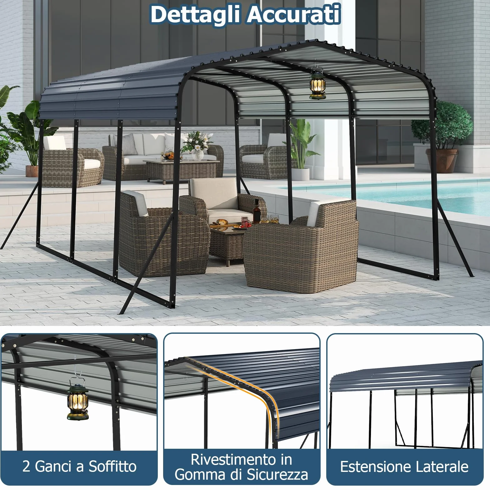 COSTWAY Tenda da Garage 440 x 300 cm, Tettoia per Auto in Metallo con Base Rinforzata e 4 Gambe Inclinate Aiiunte, Gazebo da Esterno per SUV, Feste e Barbecue