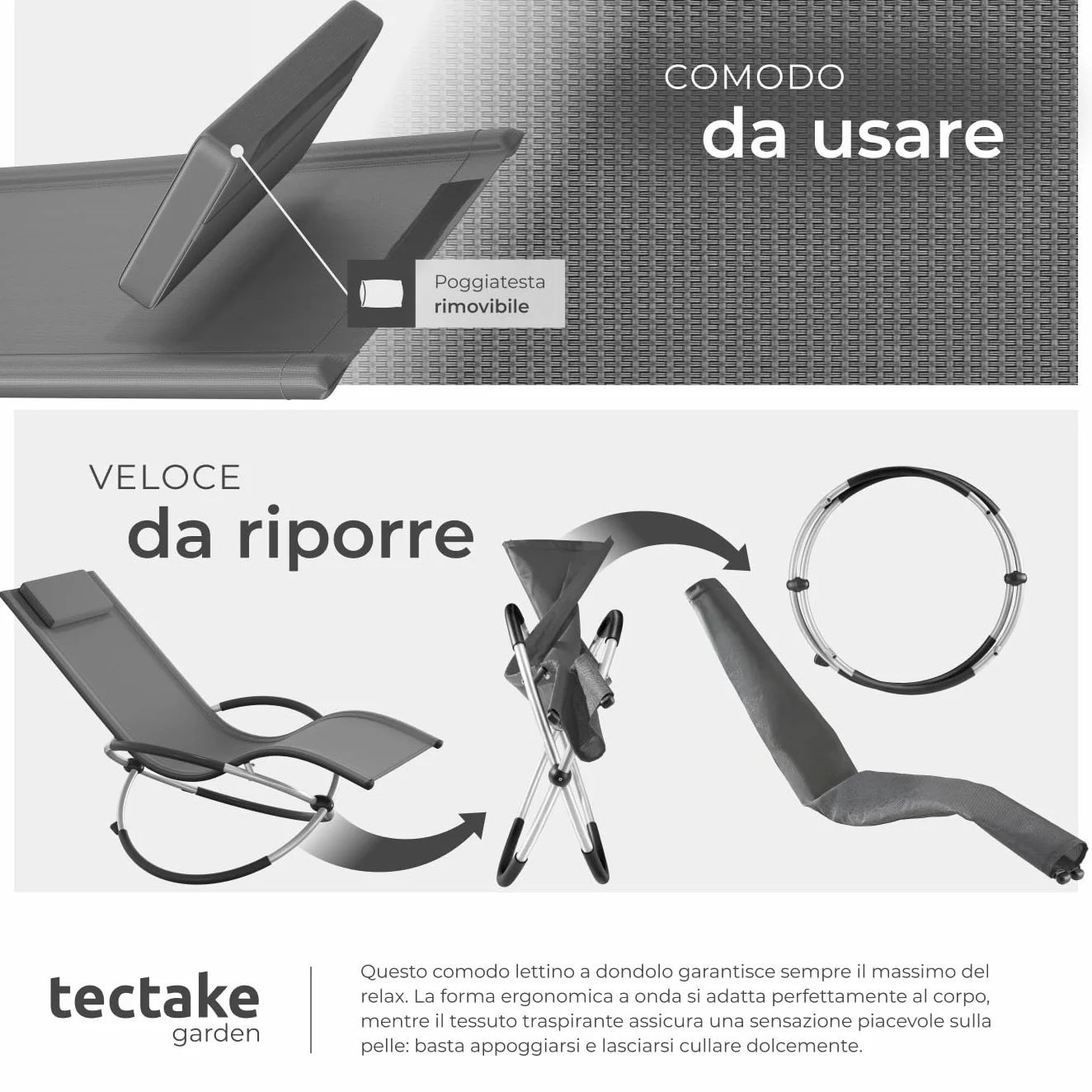 Lettino Giardino Ergonomico Pieghevole Con Cuscino Portata 150kg Anti-Ribaltamento Grigio