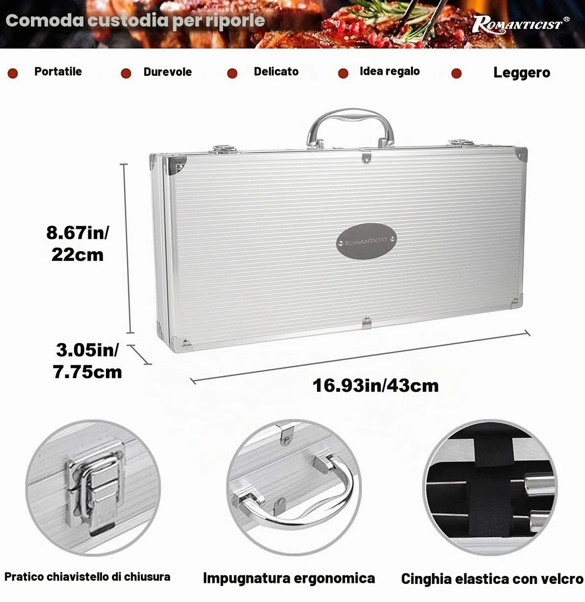 Romanticist 28Pcs Kit di Accessori per Barbecue Set - Utensili per Barbecue in Acciaio Inox in Custodia di Alluminio per Barbecue Uomini Donne Papà di Compleanno di Matrimonio