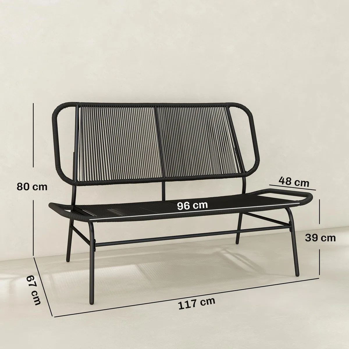 Outsunny Divano da Giardino 2 Posti in Rattan PE, Divanetto da Esterno Seduta e Schienale Intrecciati, Telaio in Acciaio, Divano da Esterno, per Terrazza e Cortile, Capacità 240 kg, Nero