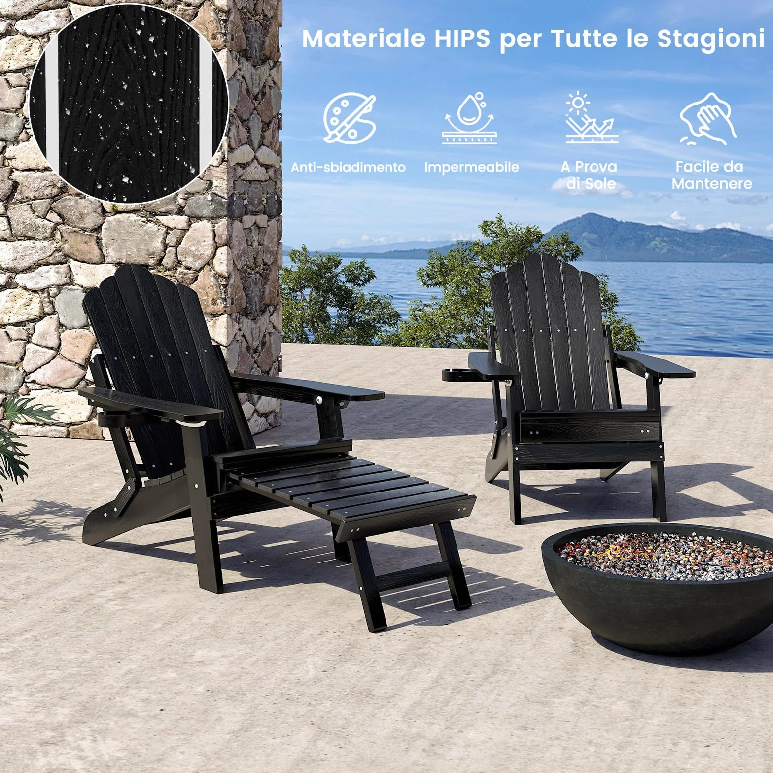 COSTWAY Sedia Adirondack da Giardino, Poltrona Prendisole con Poggiapiedi Estraibile, Schienale Regolabile, Sedia Lounge Adirondack Pieghevole per Giardino, Portata 180 kg