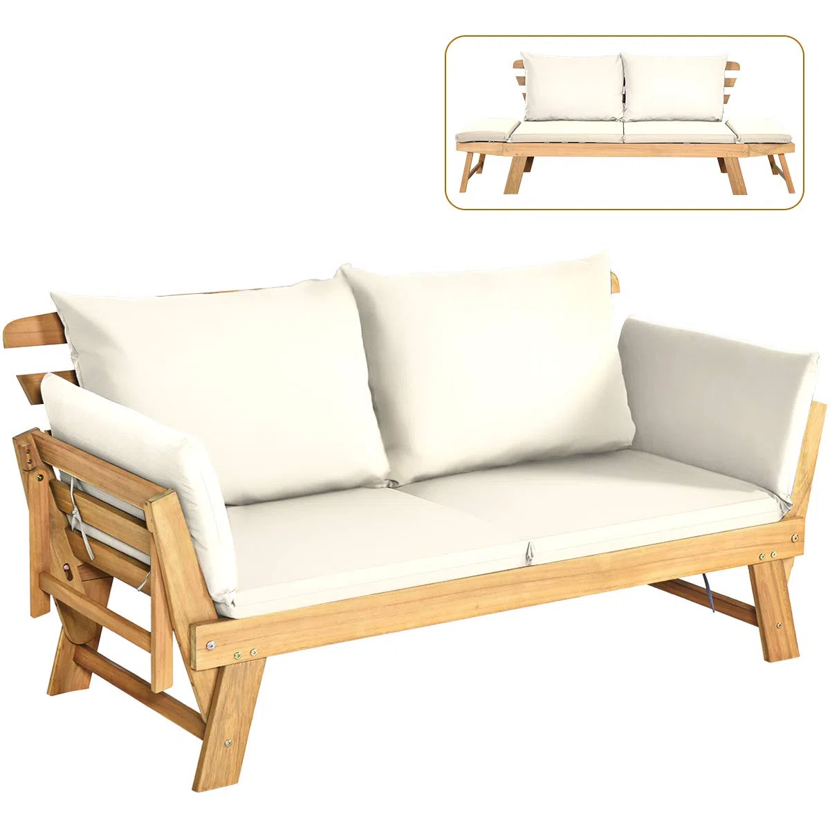 COSTWAY Divano Esterno a 2 Posti, in Legno di Acacia, Lettino Giardino con Braccioli Regolabili, Sdraio da Giardino con Cuscini, Chaise Longue per Giardino, Piscina, Cortile (Bianco)