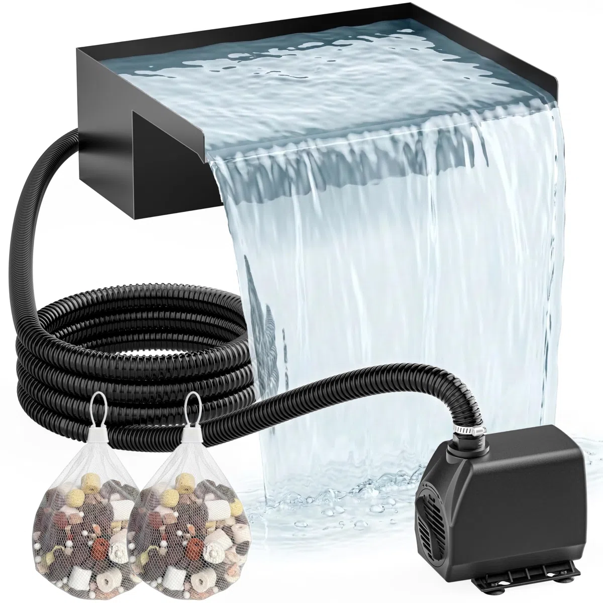 Kit Cascata per Laghetto Esterno 30 cm: Versatore Cascata in Acciaio Inox 304 con Pompa 2500 L/h, Tubo Antigelo 4 m e Cavo 4 m – Set Completo per Fontana a Cascata per Giardino e Piscina