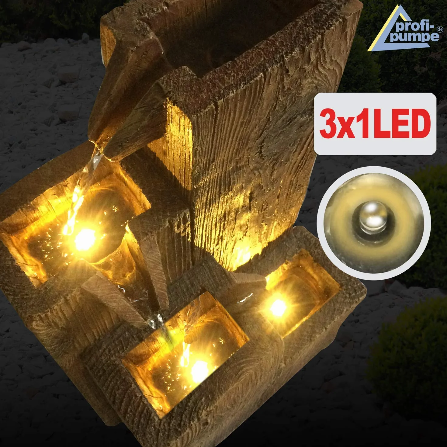 Fontana da giardino, fontana decorativa, fontana da interni, fontana con luce a LED, 230 V, gioco d'acqua, laghetto da giardino, terrazza (casette in legno)