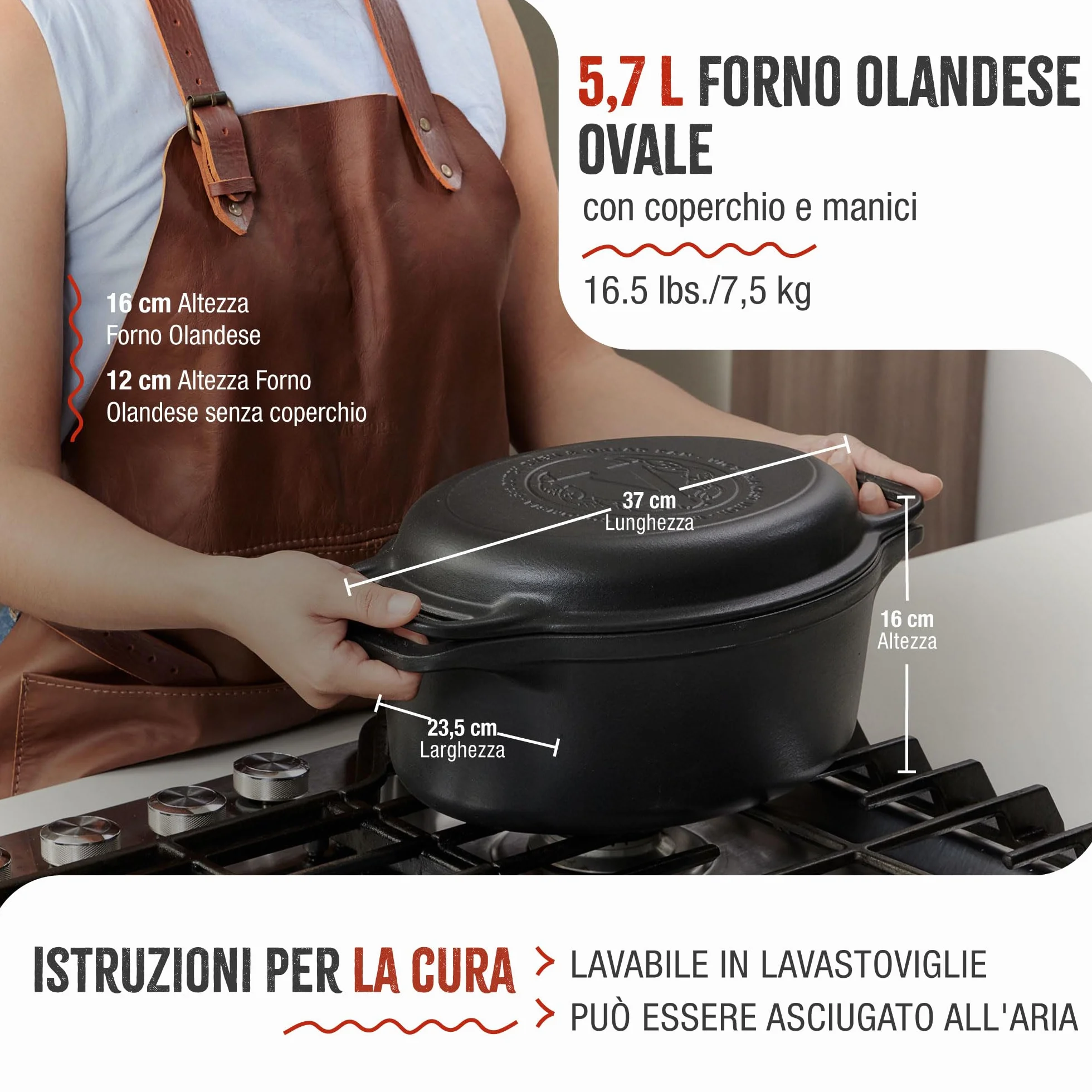 Victoria Forno Olandese, Pentola et Padella Induzione Ghisa Smaltata 31 cm Ovale, Cocotte 5,7L, Senza PTFE né PFOA, Adatta per Fuoco, Barbecue, Forno, Vetroceramica, Gas