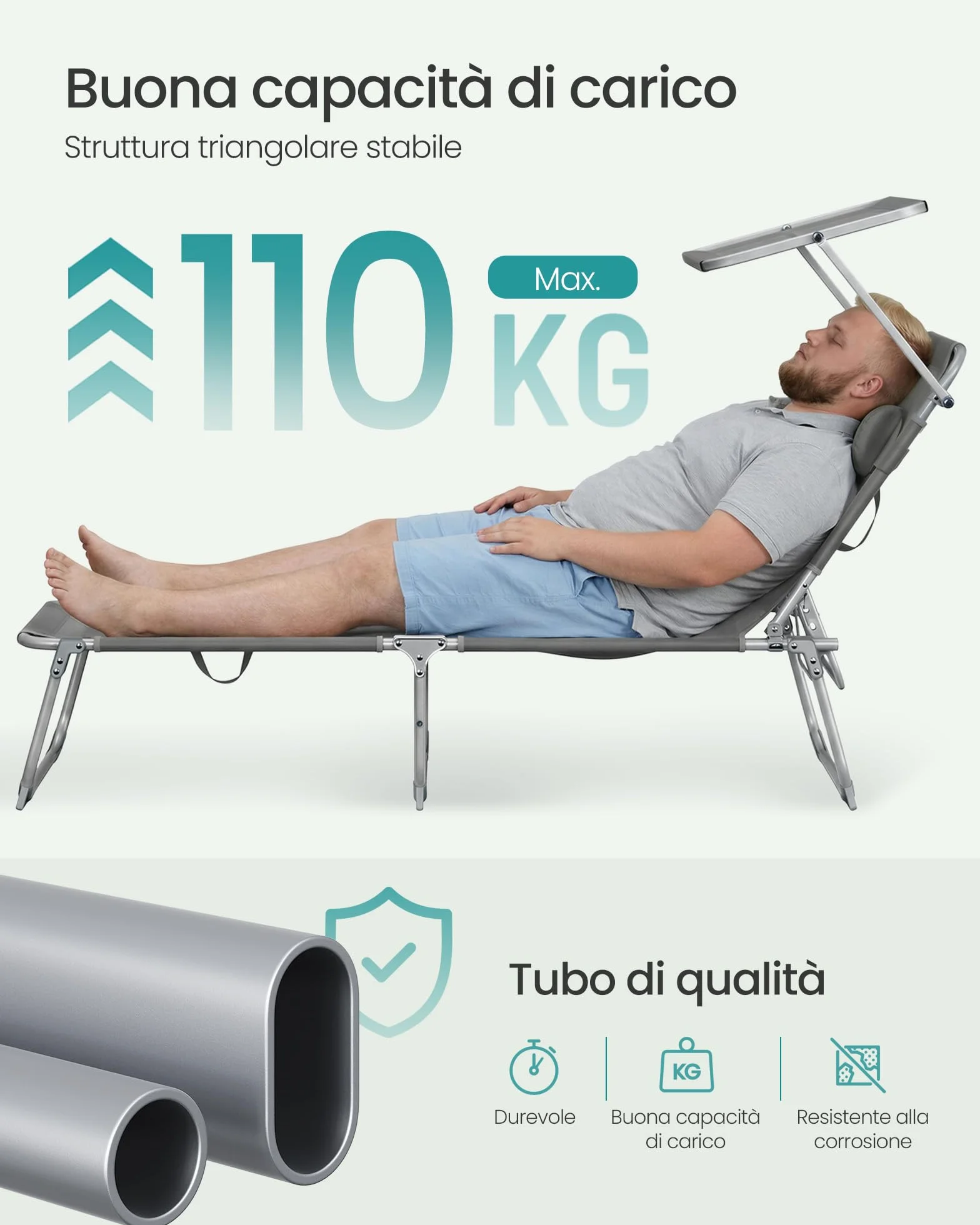 SONGMICS Set da 2 Sedie a Sdraio Pieghevoli, 189 x 53 x 28,5 cm, con Cusicni, Lettini Prendisole, Portata 110 kg Ciascuno, Parasole e Schienale Regolabili, per Terrazza e Balcone, Grigio GCB292GZ02