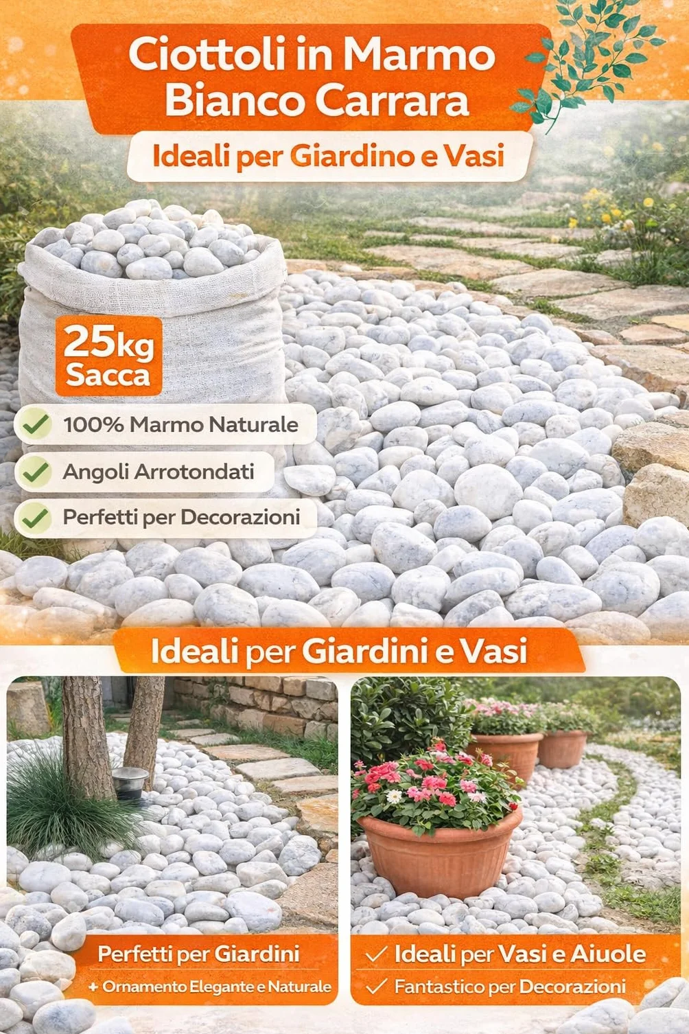 Ciottoli in marmo bianco carrara, sacca da 25kg, sassi con angoli arrotondati per decorazione ornamento giardino, pietre naturali per Vaso fiori, acquario, (Diametro 7-15 mm)