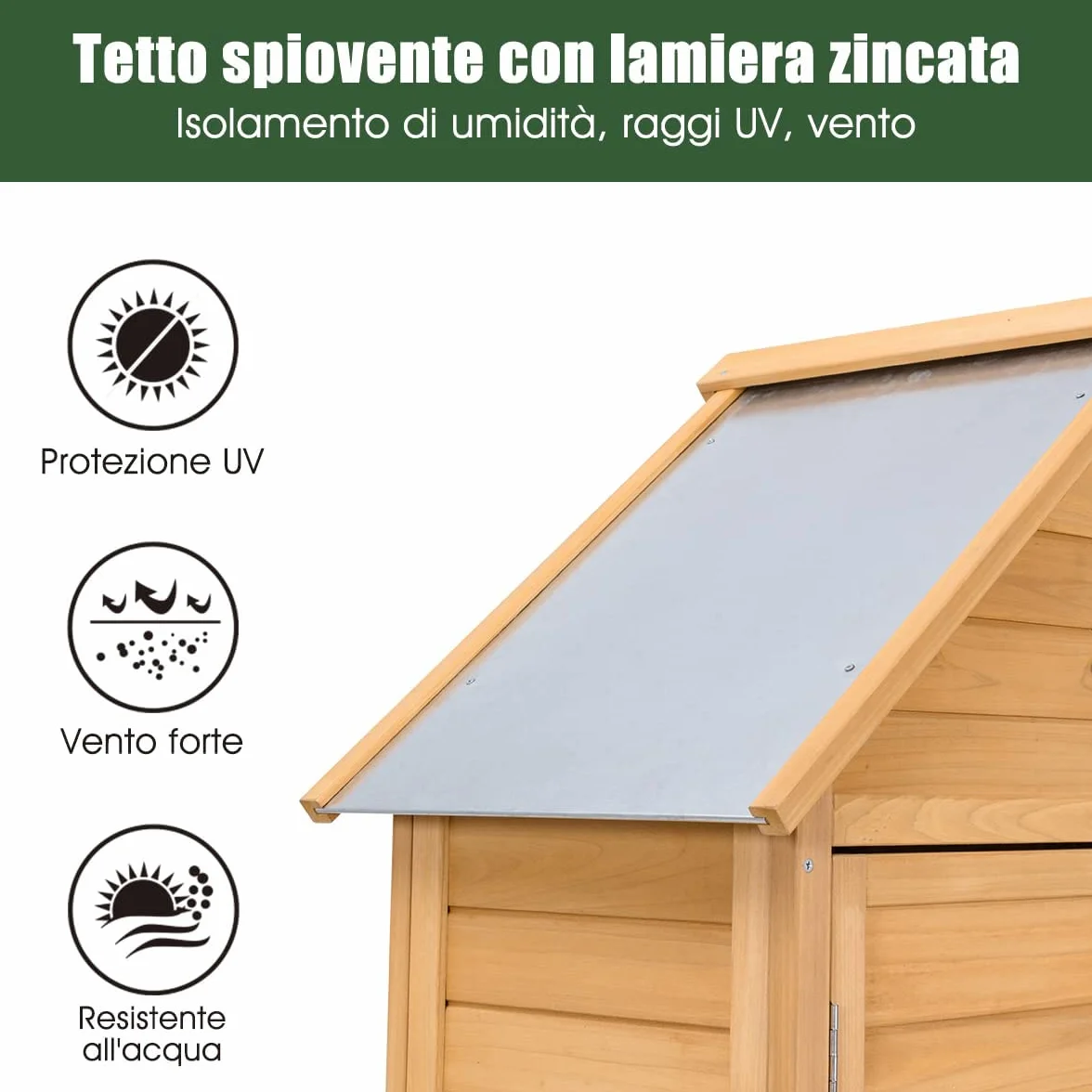 RELAX4LIFE Armadio da Esterno in Legno Massello con Tetto in Lamiera Zincata – Impermeabile e Antiruggine – 4 Ripiani Regolabili + Scomparto Alto per Attrezzi (80x45x177cm)