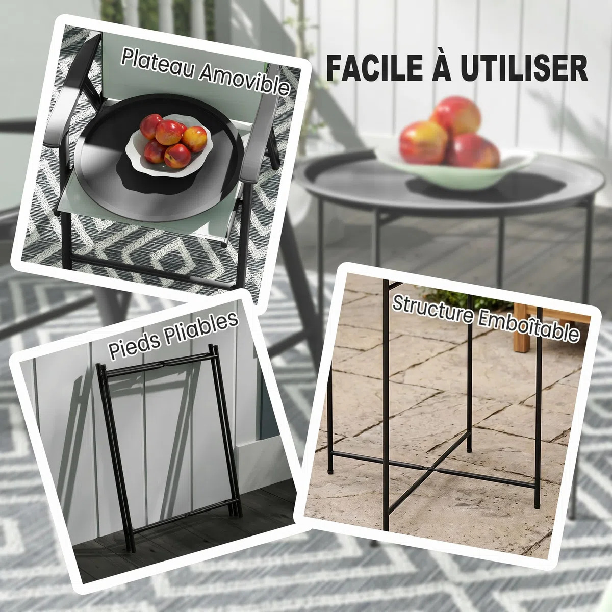 Outsunny Tavolo da Giardino Rotondo in Acciaio Ø46 cm con Vassoio Rimovibile e Gambe Pieghevoli Nero
