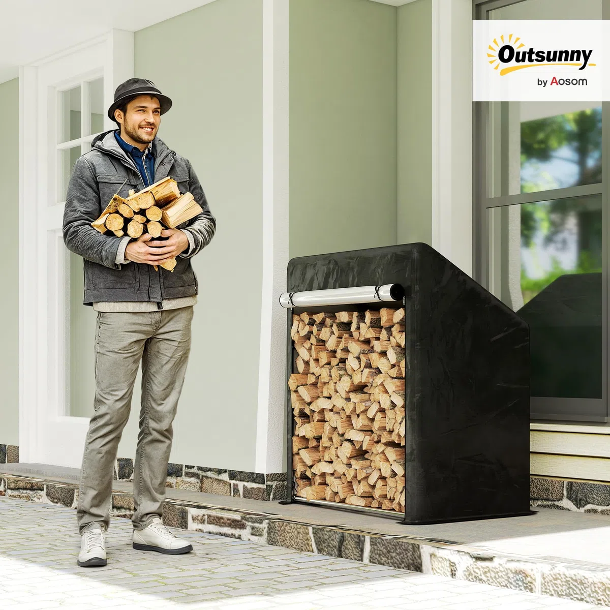 Outsunny Legnaia da Esterno in Acciaio Rinforzato, Portalegna Impermeabile 100x60x110 cm Nero Argento