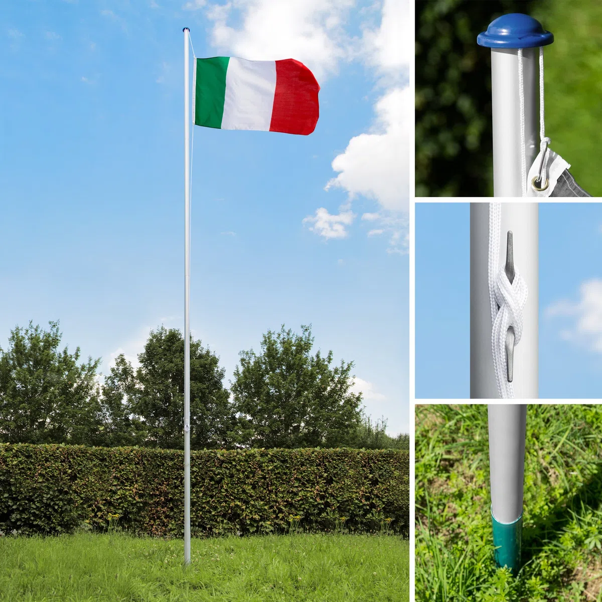 tectake Asta Alluminio 625 cm con Bandiera, Corda e Piantone, Set Regolabile in Altezza per Esterno