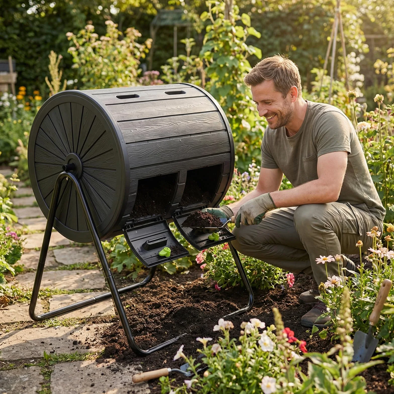 COSTWAY Compostiera da Giardino 142 L Doppia Camera Rotazione 360° Nero