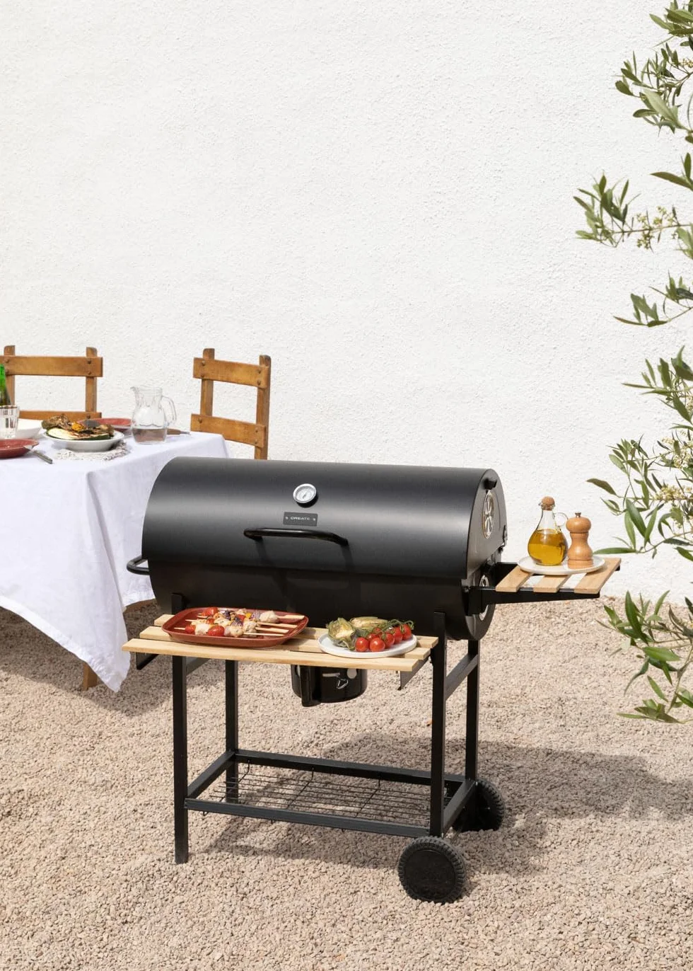 Barbecue affumicatore a carbone con ruote in acciaio inox nero griglia superiore controllo temperatura