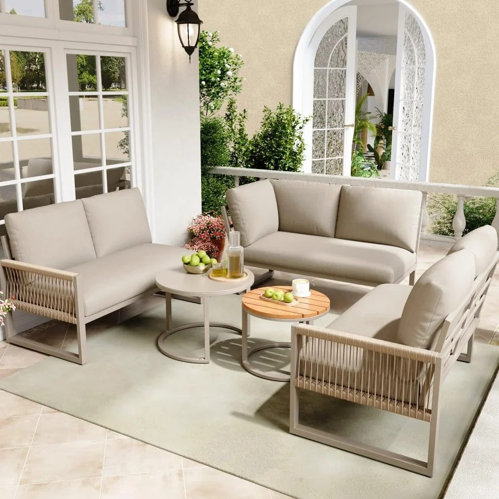 Set salotto da giardino, set di mobili per 6-7 persone, divano angolare con struttura in ferro zincato, gambe regolabili, compresi tutti i cuscini di seduta e schienale, beige