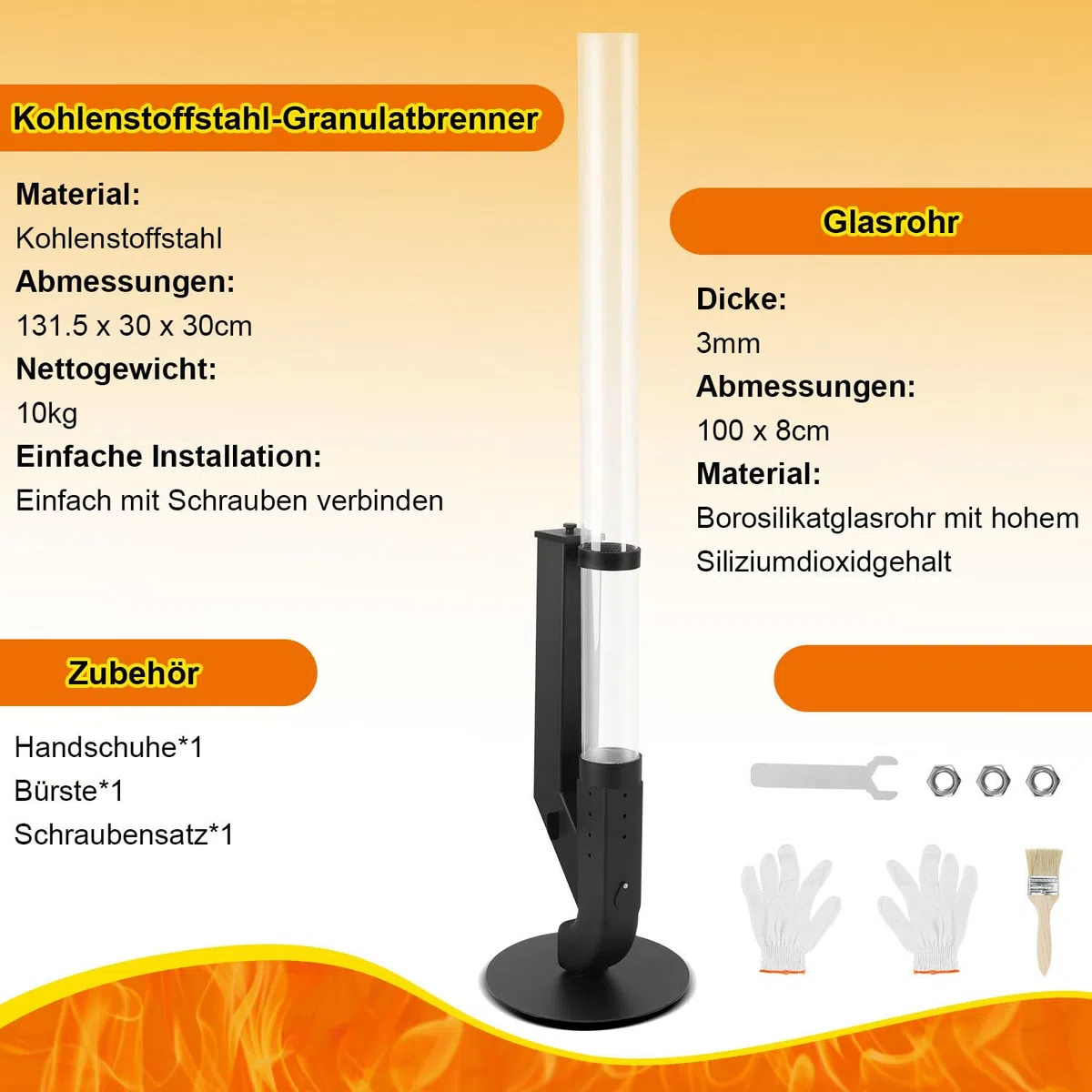 Bruciatore a pellet in acciaio nero 100 cm con vetro borosilicato, valvola combustibile regolabile