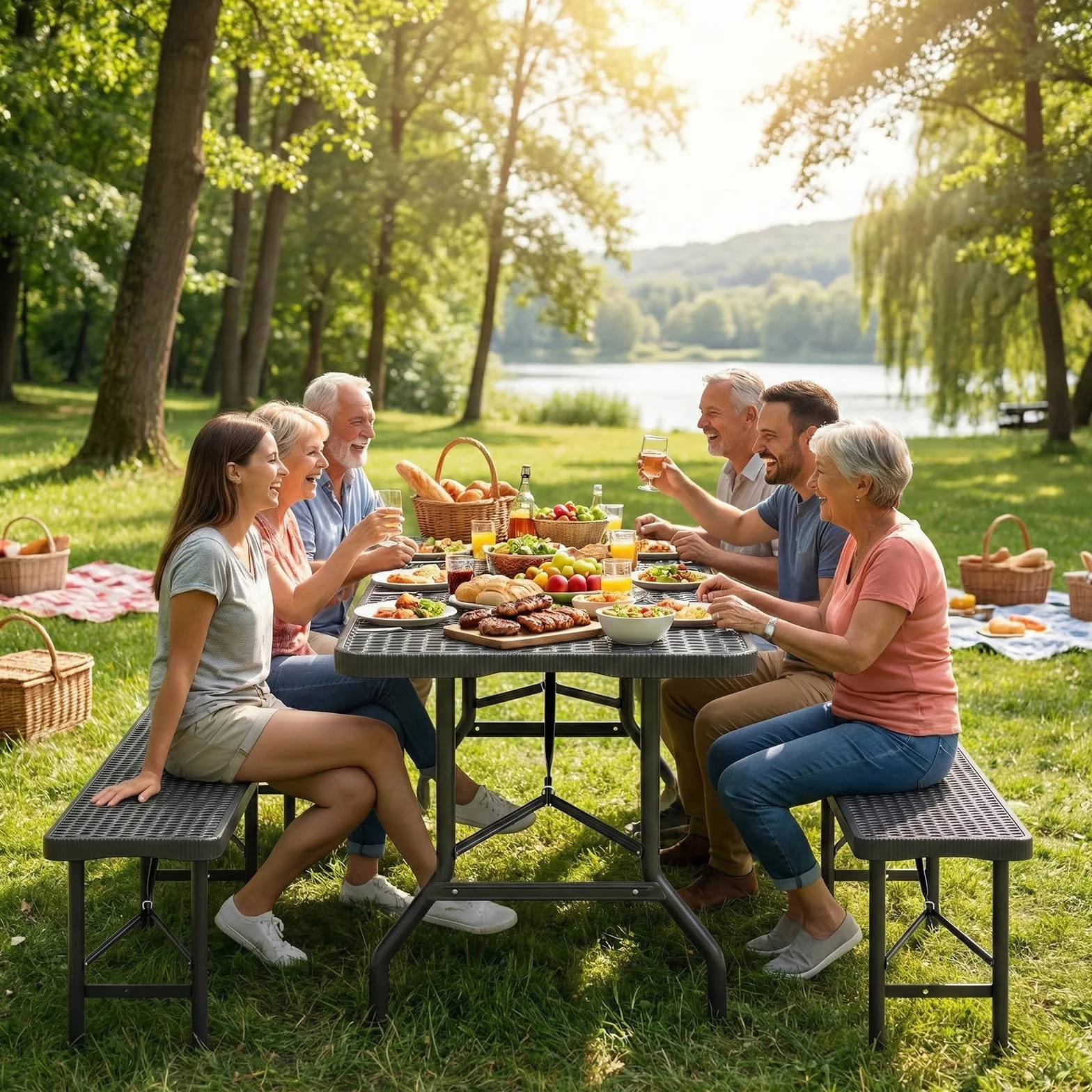 JUMMICO Set da Esterno 3 Pezzi Tavolo Giardino Pieghevole Effetto Rattan HDPE 300kg per Campeggio BBQ