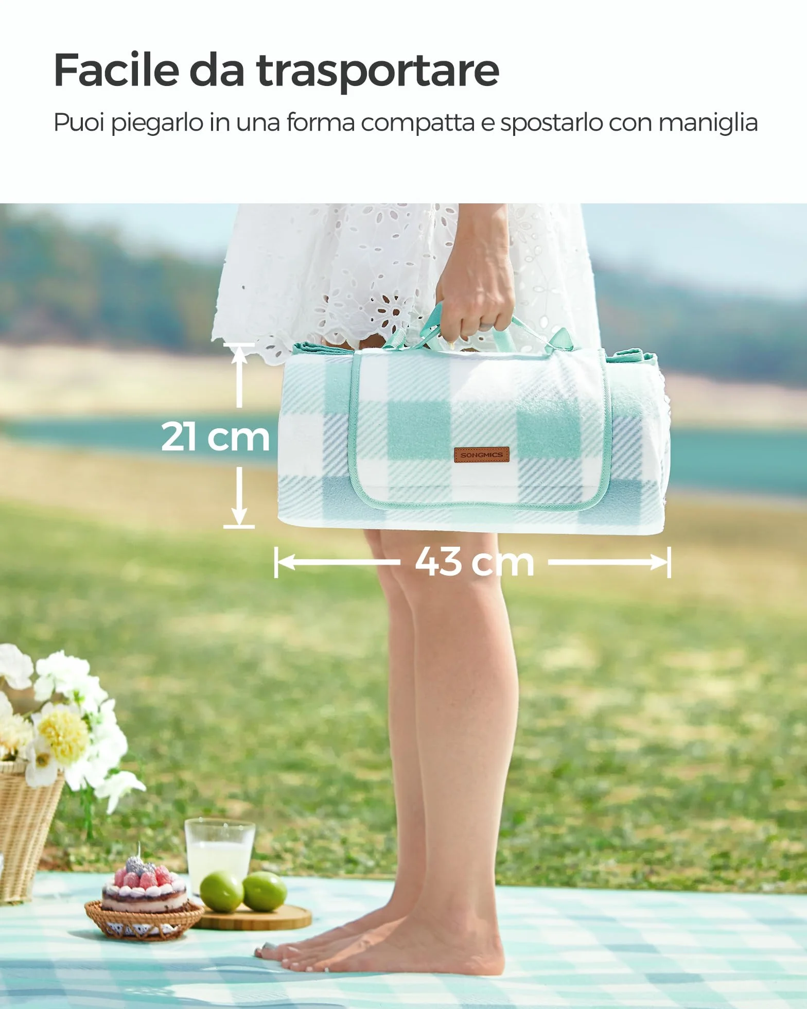 SONGMICS Coperta Picnic 300x200 cm Impermeabile Pieghevole Verde Bianco