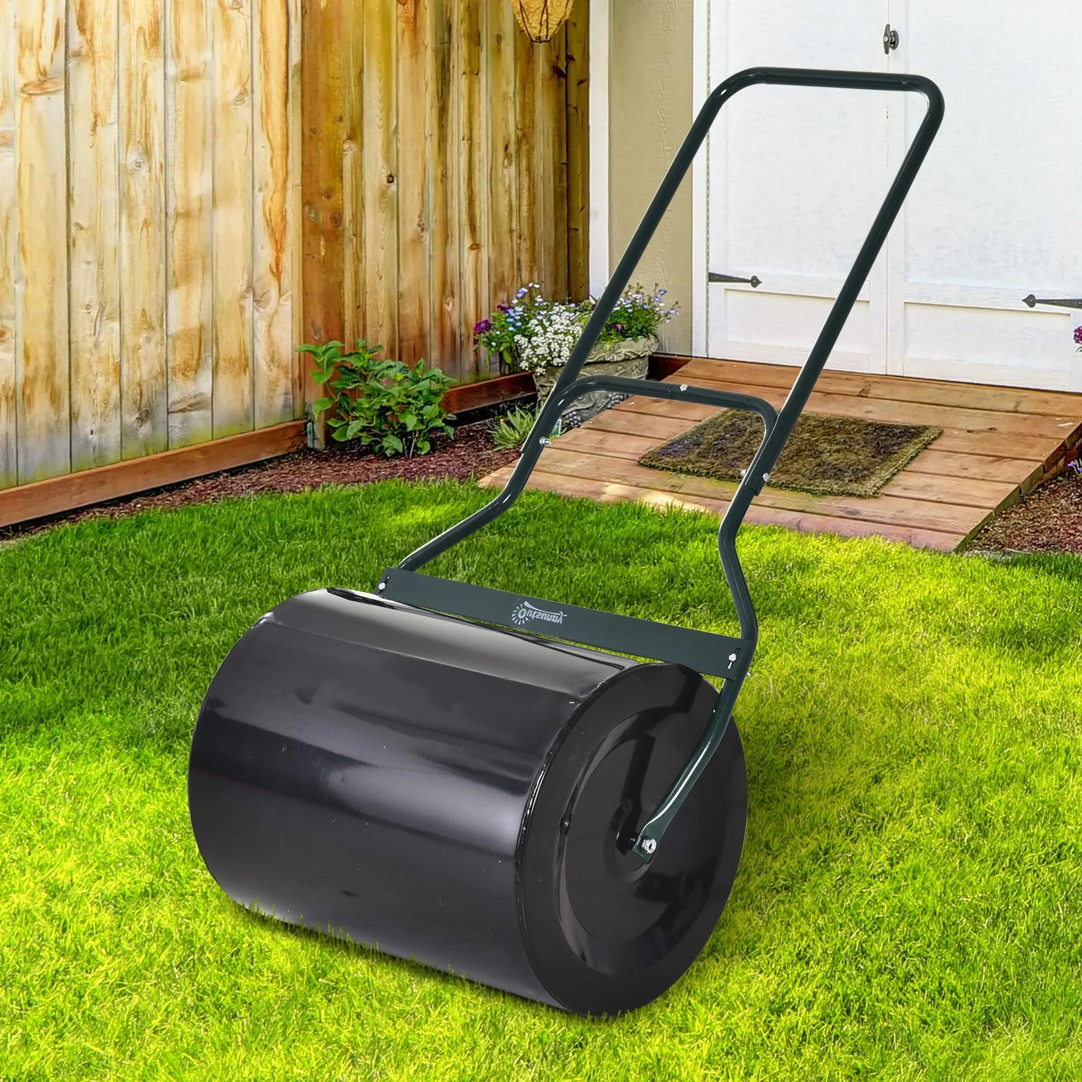 Outsunny Rullo da Giardino in Metallo Impermeabile Nero, Serbatoio Fino 60 Litri (Acqua o Sabbia), 57x40x123cm