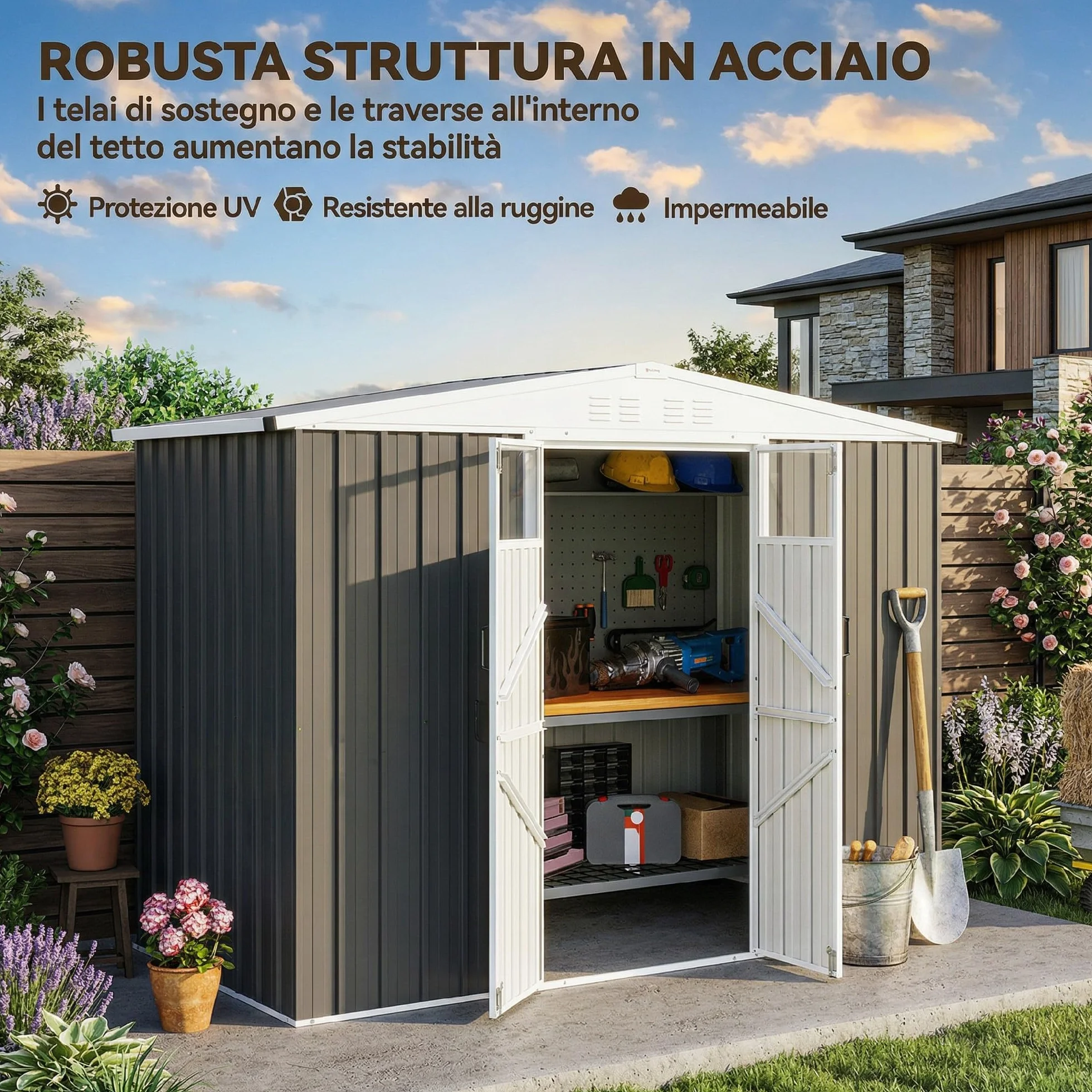 Outsunny Casetta da Giardino 2.7m² in Acciaio Zincato con 4 Prese d'Aria e 2 Finestre Trasparenti, Capanno Porta Attrezzi con Tetto Inclinato, Doppio Porte Bloccabili con Chiavi e Guanti Grigio Scuro