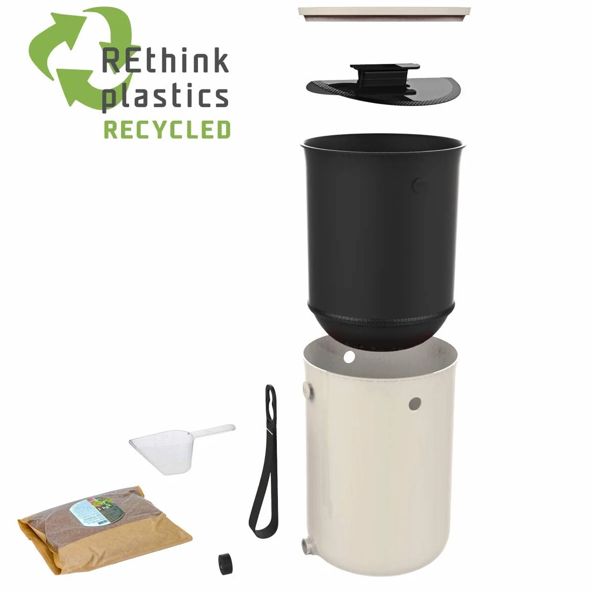 Skaza Bokashi Organko 2 (9.6 L) Compostiera per Cucina in plastica Riciclata | Starter Set con Miscela di fermentazione Bokashi Organko 1 kg (Crema-Bianco)
