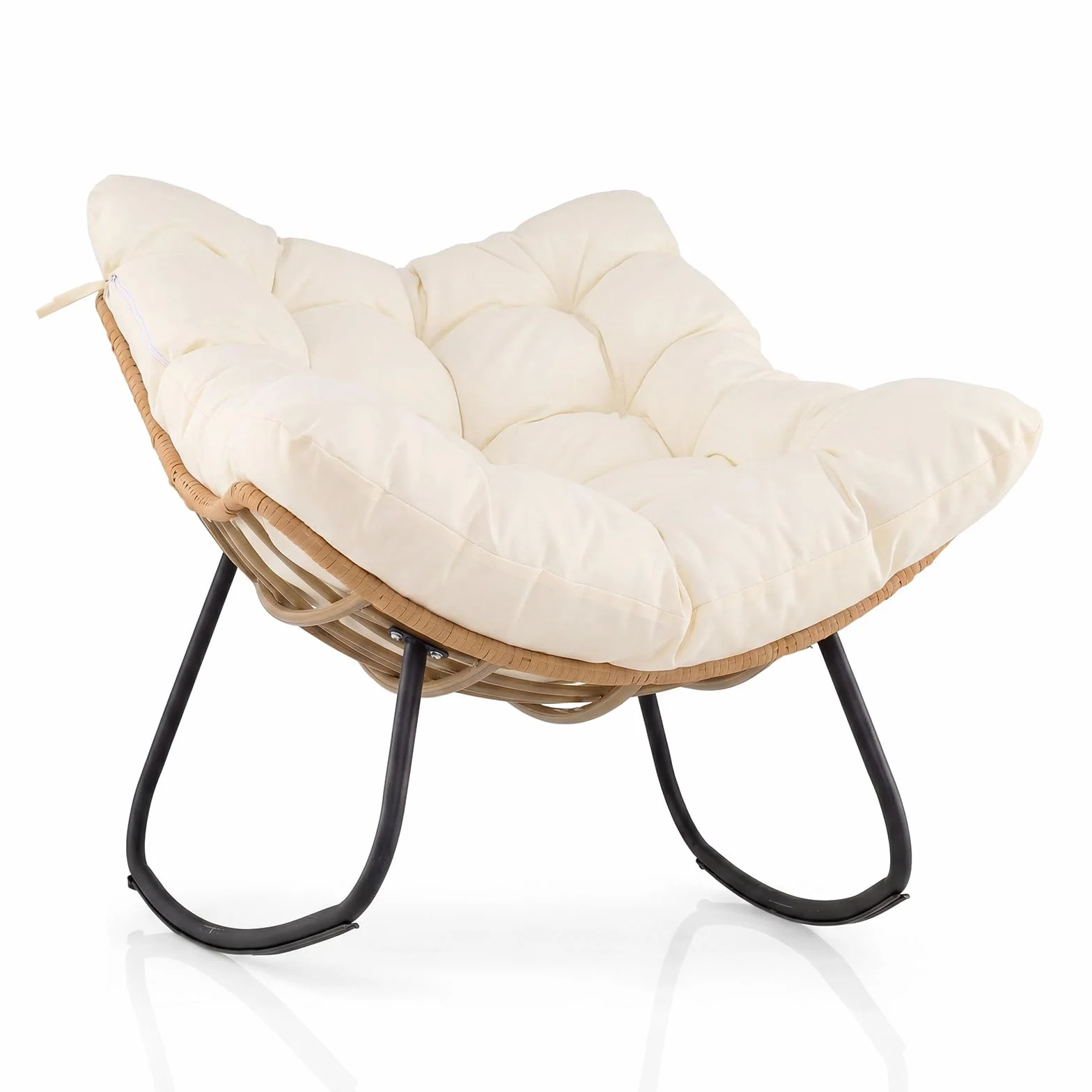 COSTWAY Sedia a Dondolo da Esterno, Poltrona in PE Vimini con Cuscino Rimovibile, Poltrona Relax in Rattan con Struttura in Metallo, per Soggiorno, Balcone, Giardino, Portata 140 kg (Beige)