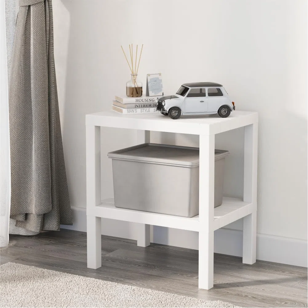 sugodesign OMBEG Tavolino multiuso a 2 ripiani, comodino, rettangolare, in plastica impermeabile, portata 10 kg per ripiano, per bagno, cucina, balcone, camera da letto (bianco)