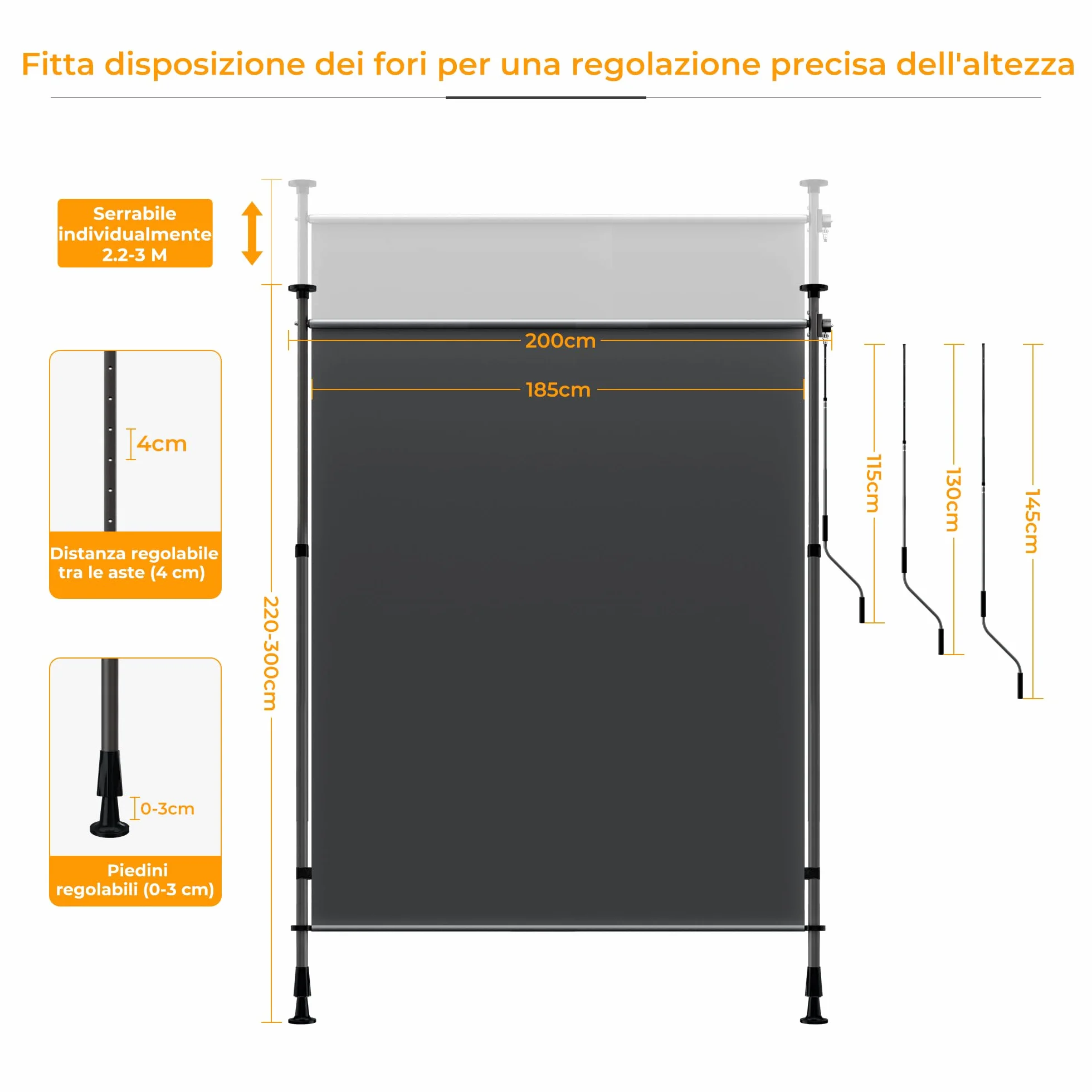 HOMEDEMO Tenda da Sole Verticale Regolabile 200x(220-310) cm Antracite Impermeabile Anti-UV