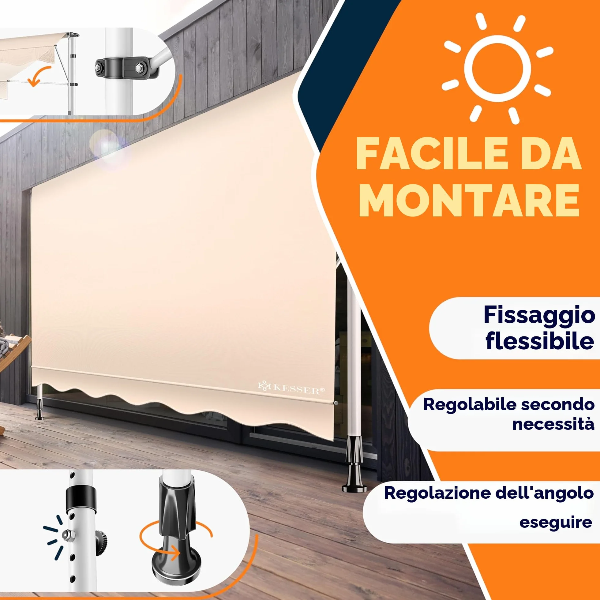 KESSER® Tenda da Sole a Morsetto con Manovella per Balcone, Regolabile in Altezza, Idrorepellente, Protezione Solare, Beige, 350cm