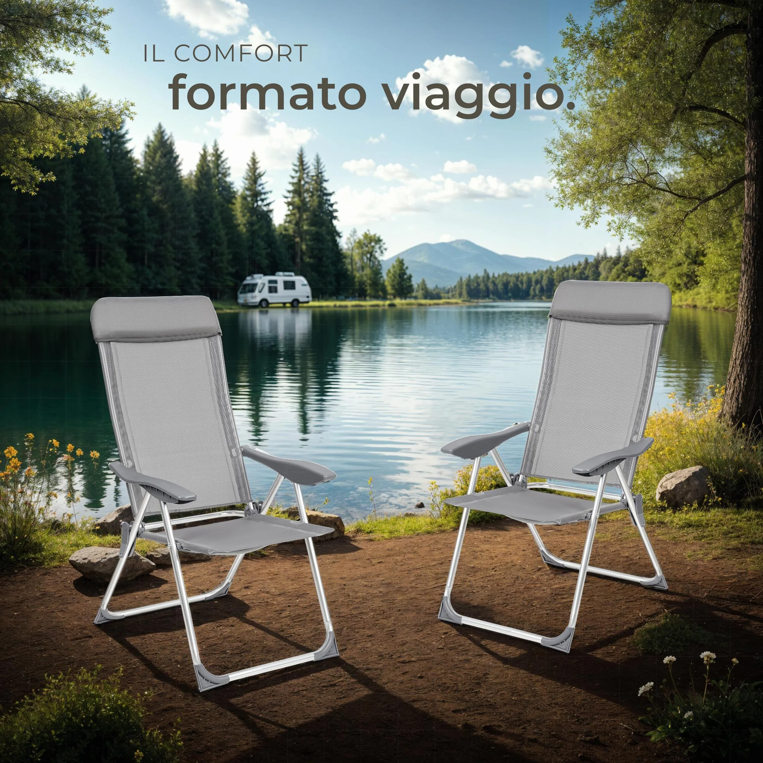 Tectake Set 4 Sedie da Giardino Pieghevoli con Braccioli, Rete Ventilazione, Schienale Regolabile 5 Posizioni, Grigio