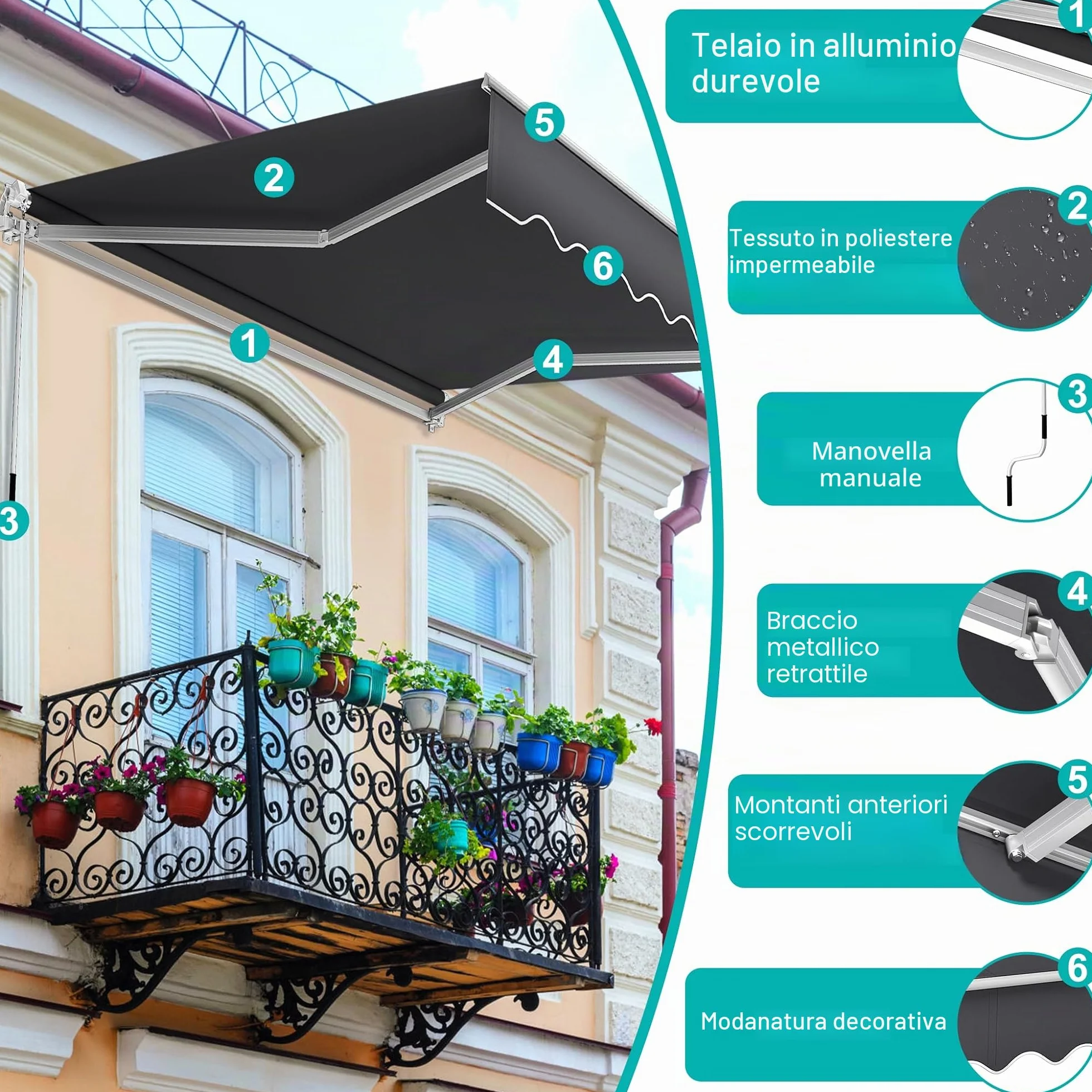Tenda da sole per balcone con manovella impermeabile antipolvere altezza regolabile grigio scuro 3,6 x 3 m