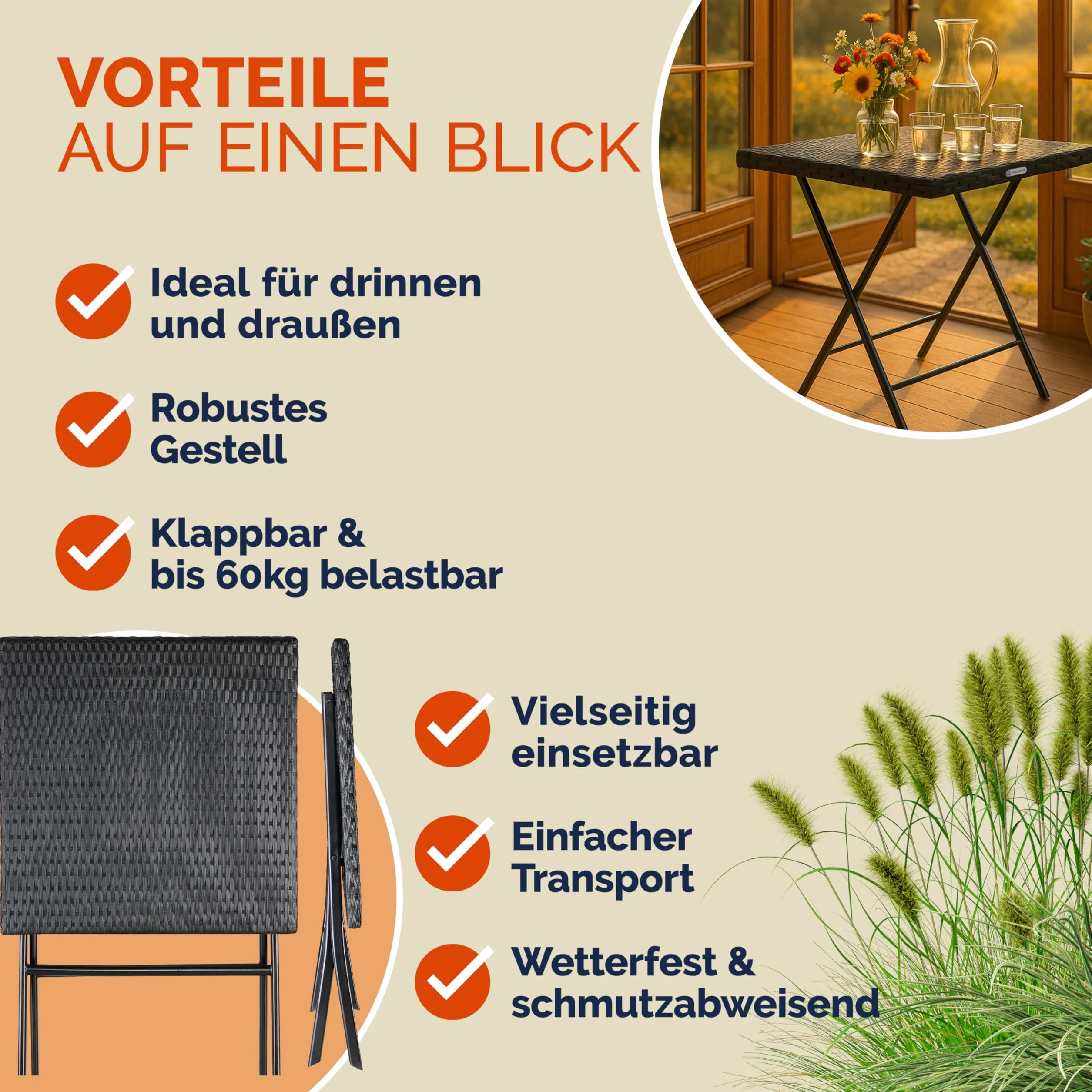 Casaria Tavolo Pieghevole Polyrattan 65x65cm 60kg Giardino Esterno