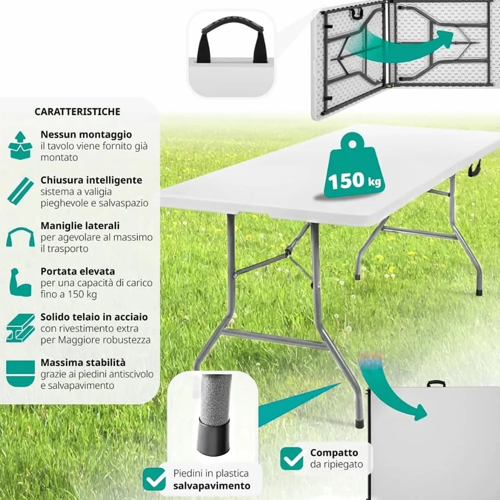 PALUPLUS Tavolo Catering Rettangolare a Valigetta Bianco 180x71x74 cm Tavolo Pieghevole Resina Metallo