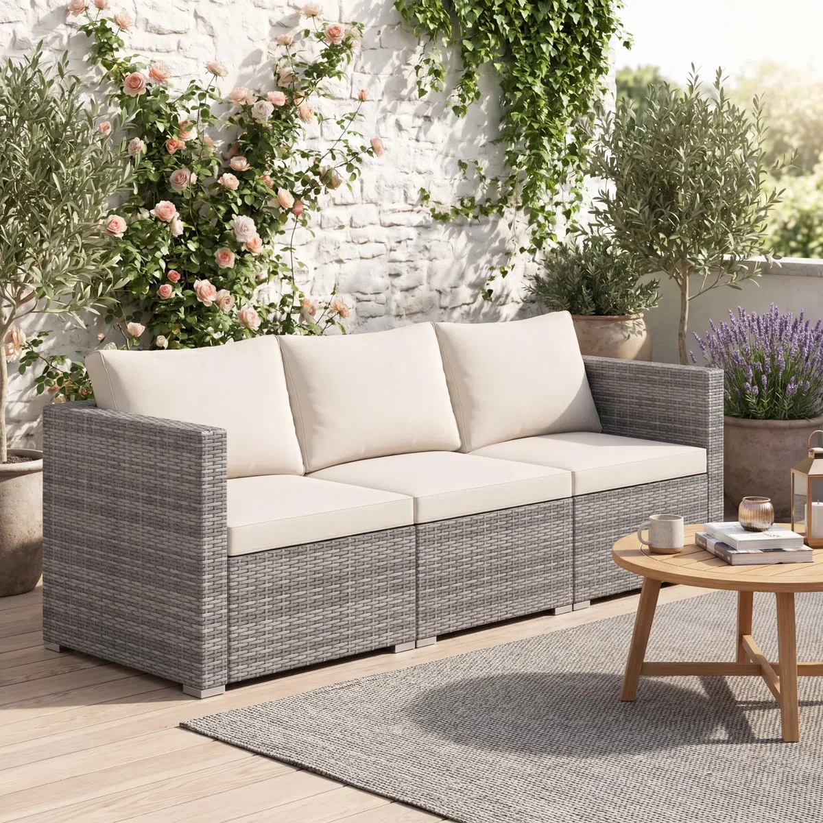 GIANTEX Divano da Giardino a 3 Posti in Rattan con Cuscino Imbottito, Mobili per Terrazza e Balcone, Colore Beige/Grigio, 193 x 67 x 61,5 cm (Beige)