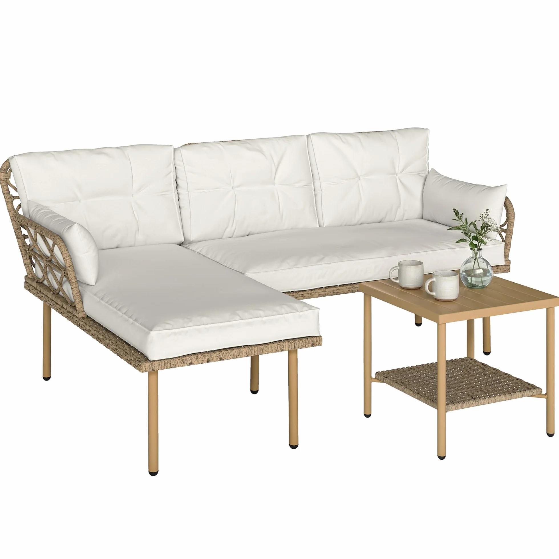 Outsunny Set Giardino Rattan 3 Pezzi Salotto Esterno Divanetto 2 Posti Chaise Longue Cuscini Lavabili Tavolino Caffè Crema