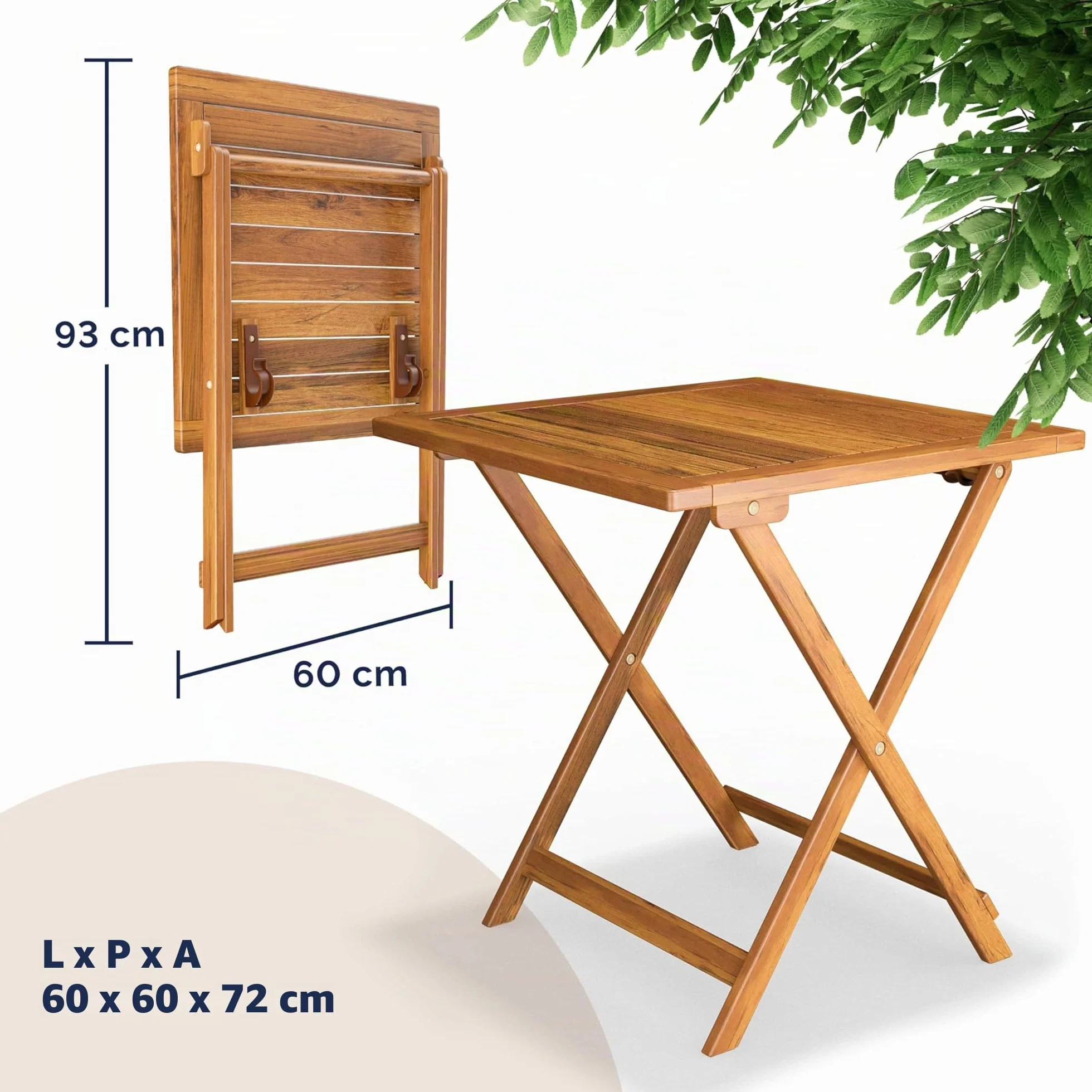 Casaria Set da Balcone Tavolo e 2 Sedie in Legno di Acacia Pieghevole 3 Pezzi