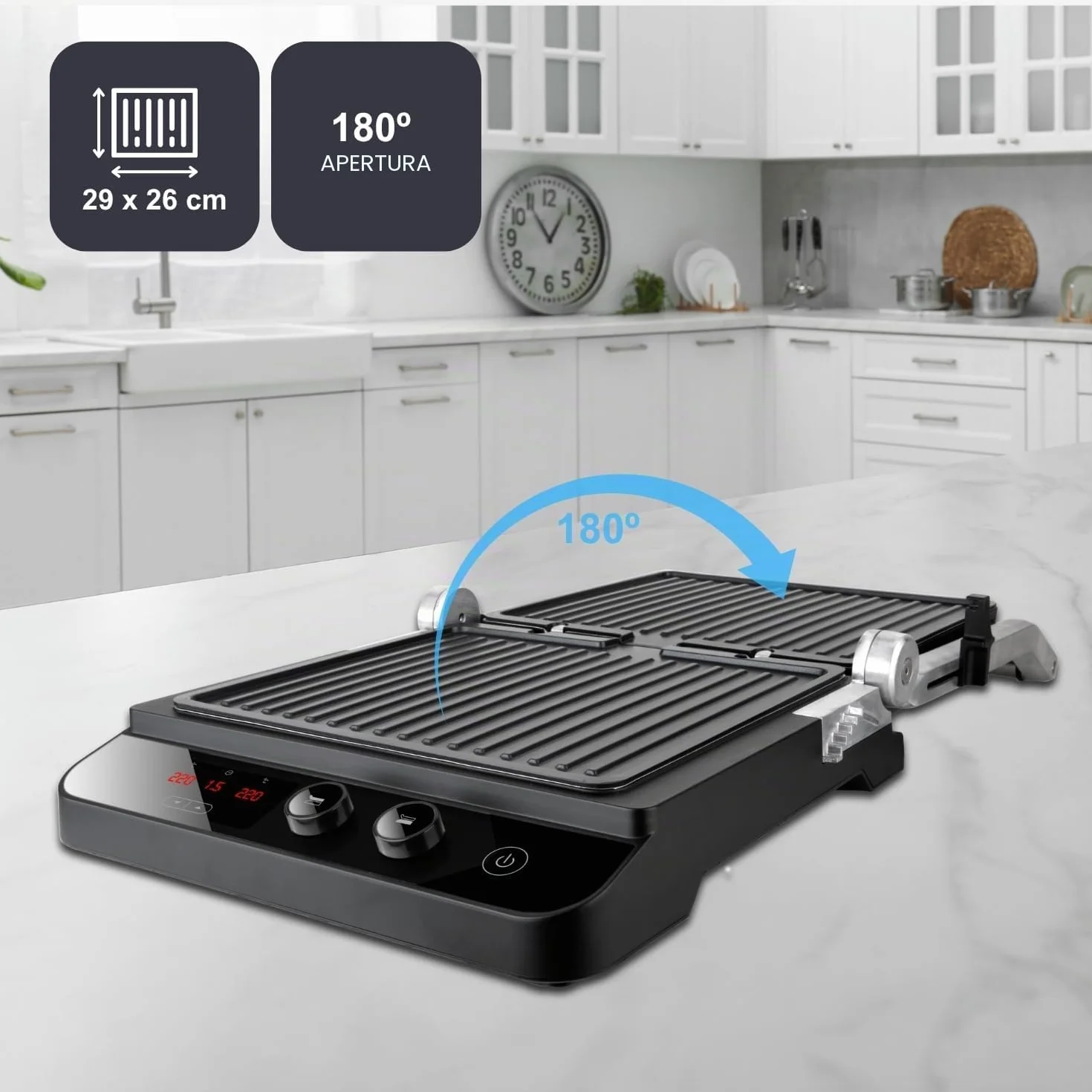 BLACK+DECKER Griglia elettrica 2000W 2 in 1 piastre lisce e grill antiaderente apertura 180° display LCD
