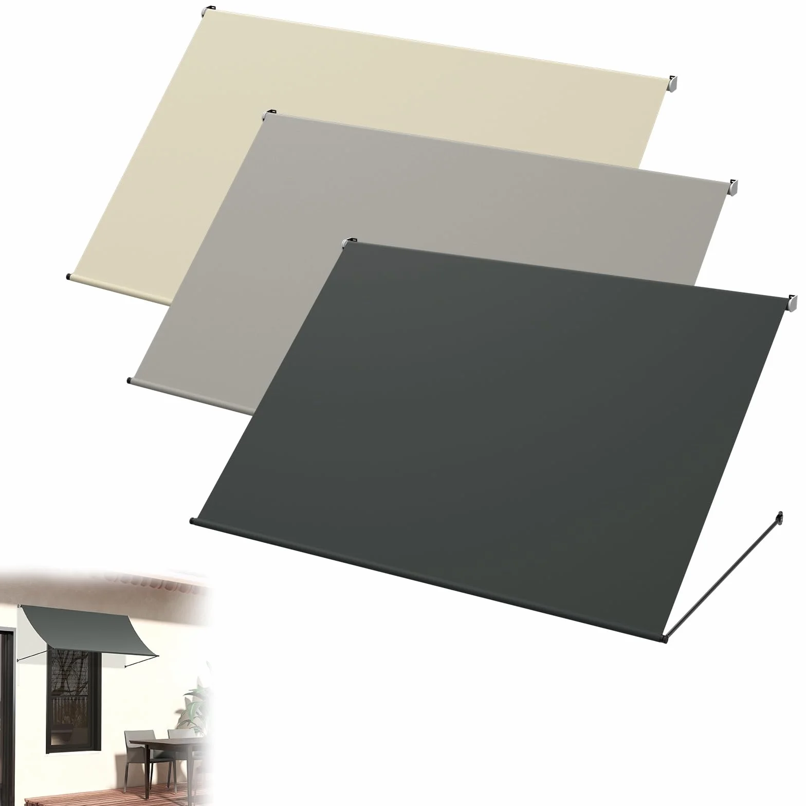 Tenda da sole parasole 200x143cm, tessuto poliestere 180g/m², bracci cadenti, telaio alluminio per balcone