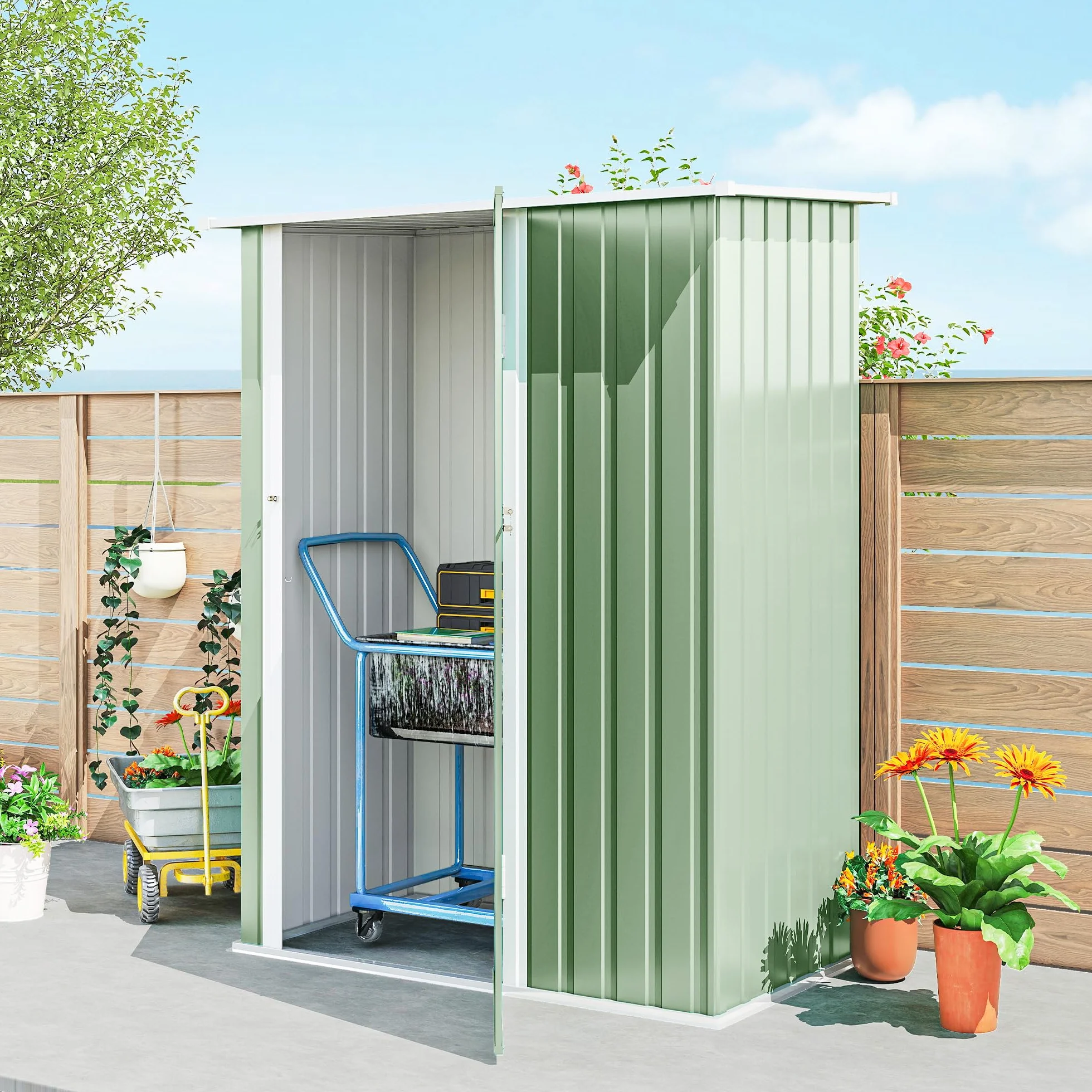 Outsunny Casetta da Giardino 1.07m² Acciaio Zincato Porta Attrezzi 142x86x189 cm Verde Chiaro