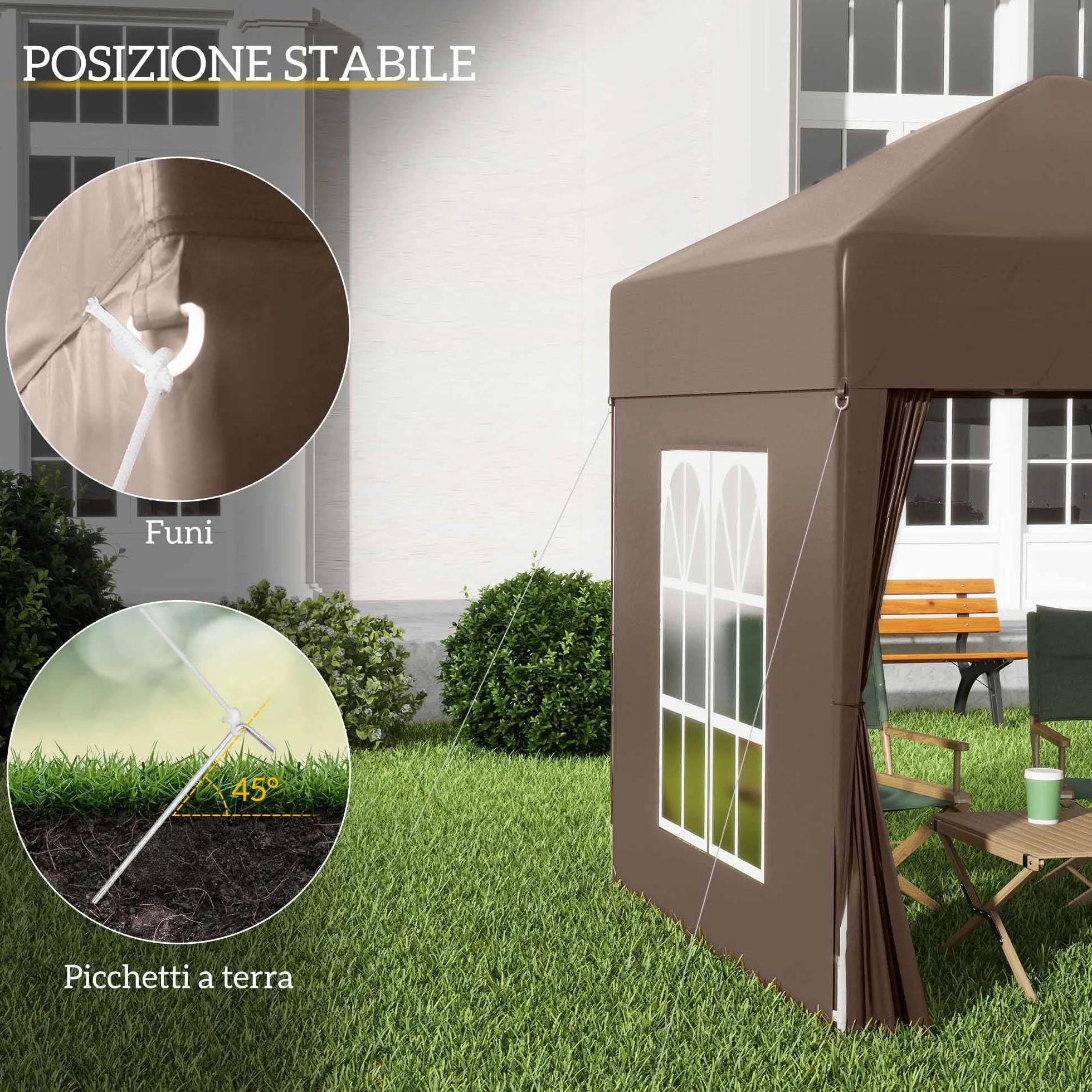 Outsunny Gazebo 2x2 m Pop-up Impermeabile con 4 Pareti Rimovibili, Marrone
