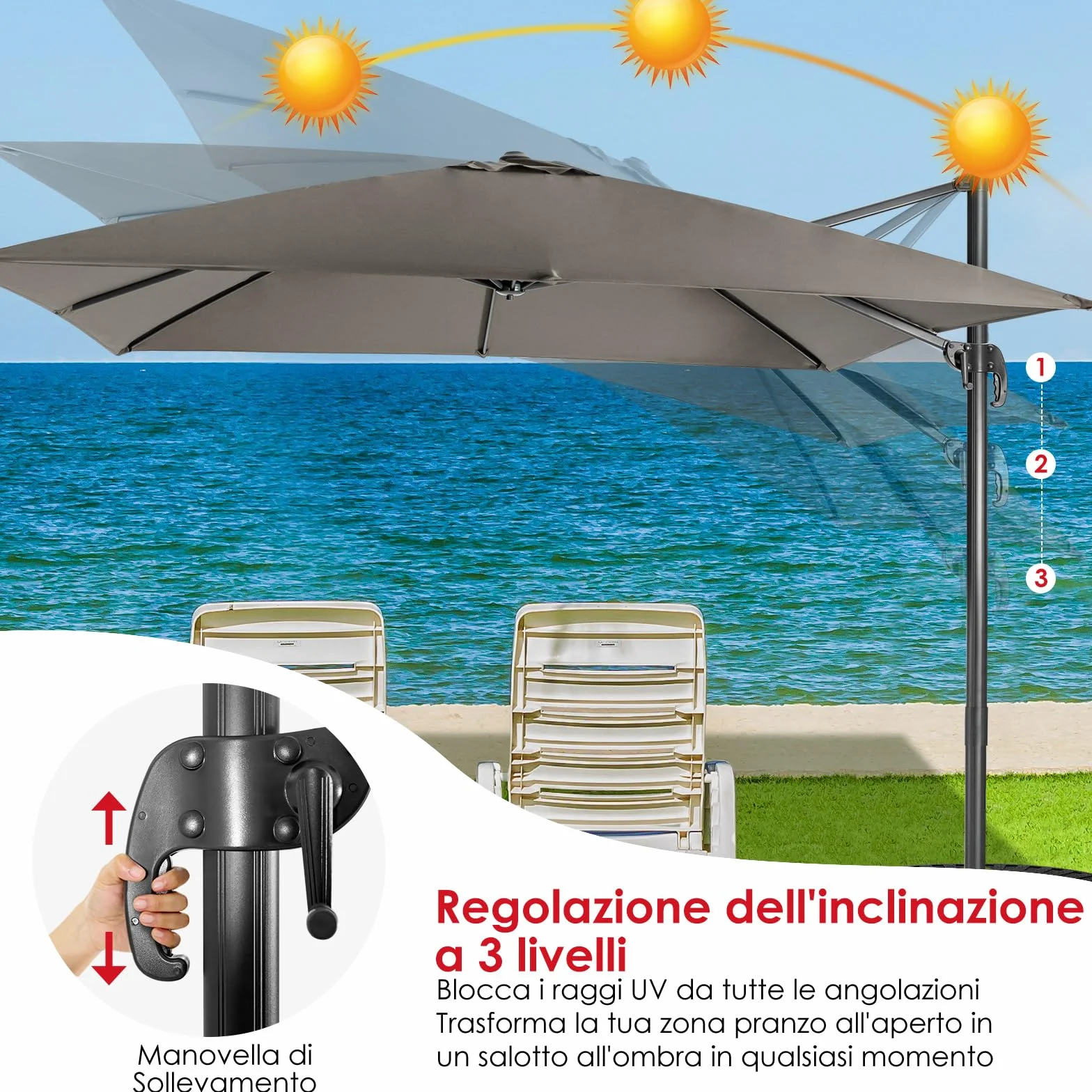 COSTWAY Ombrellone da Giardino 300x300cm 3 Inclinazioni Rotazione 360° Manovella 8 Stecche Base Incrociata Grigio