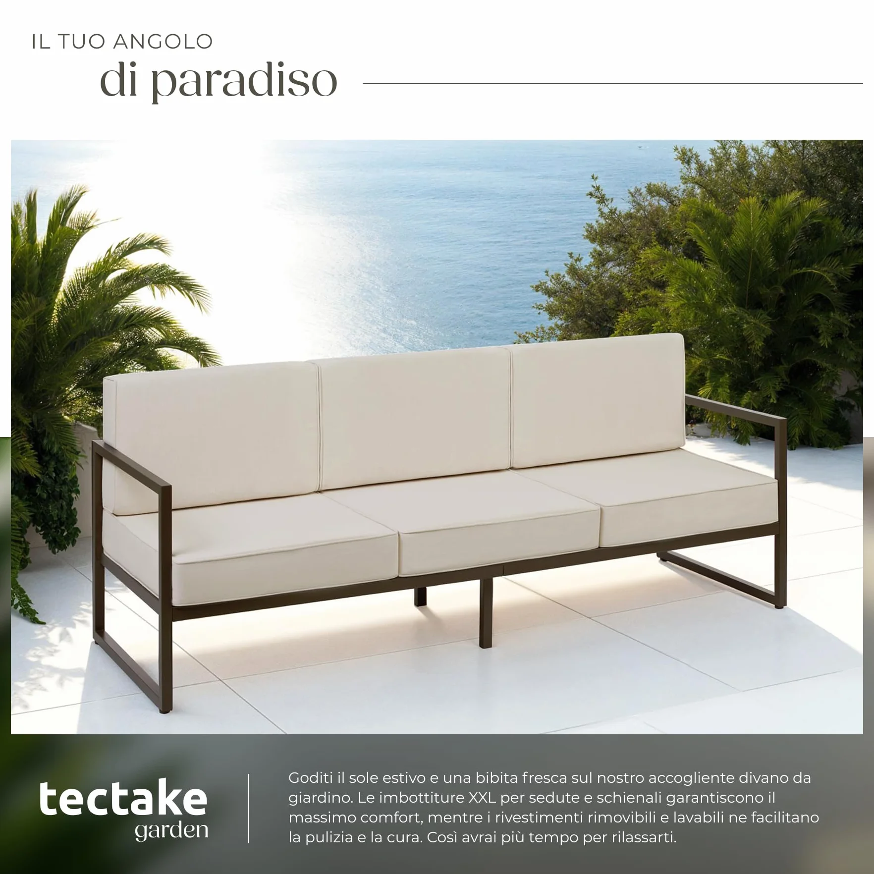 Tectake Divano da Giardino Comosa 3 Posti Imbottitura XXL Acciaio Verniciato