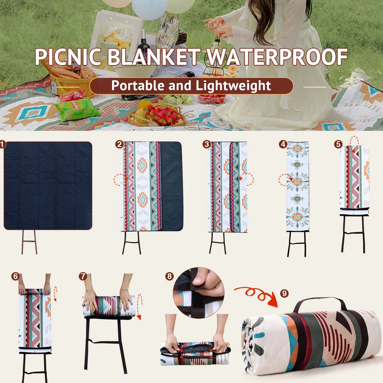 LARUTAN Coperta Picnic Impermeabile 200x200 cm Antisabbia Ultraleggero Stuoia Spiaggia