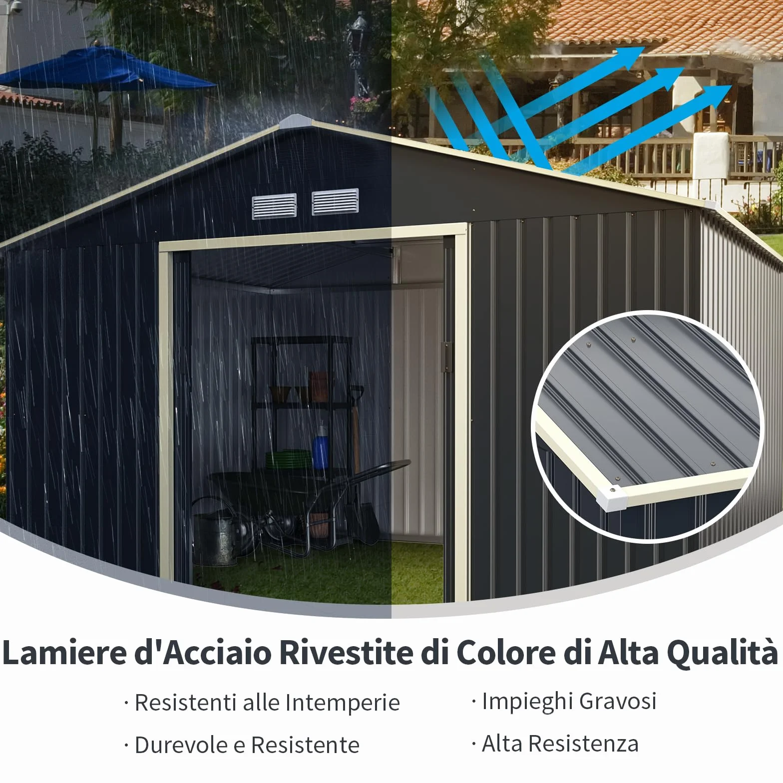 RELAX4LIFE Casetta da Giardino 340 x 319 x 210 cm (10,19 m²), Acciaio Zincato, 4 Prese d'Aria, Porta 117x162 cm, Tetto Inclinato, Porte Scorrevoli, Expandibile, Grigio