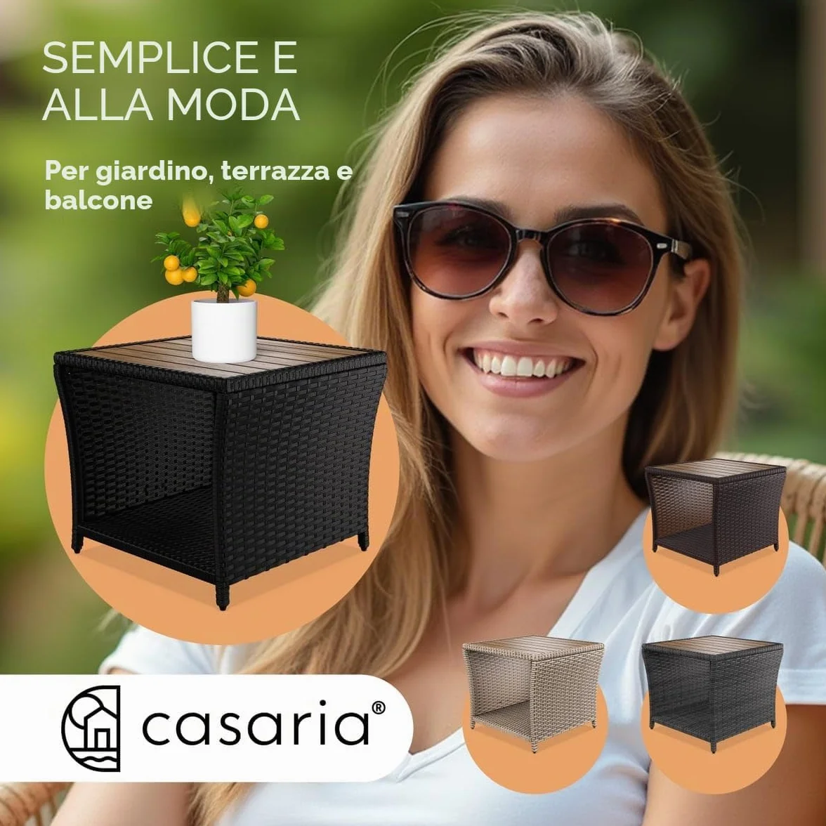 Casaria Tavolino da Esterno in Legno Polyrattan Acacia 45x45x40cm Carico Max 80kg