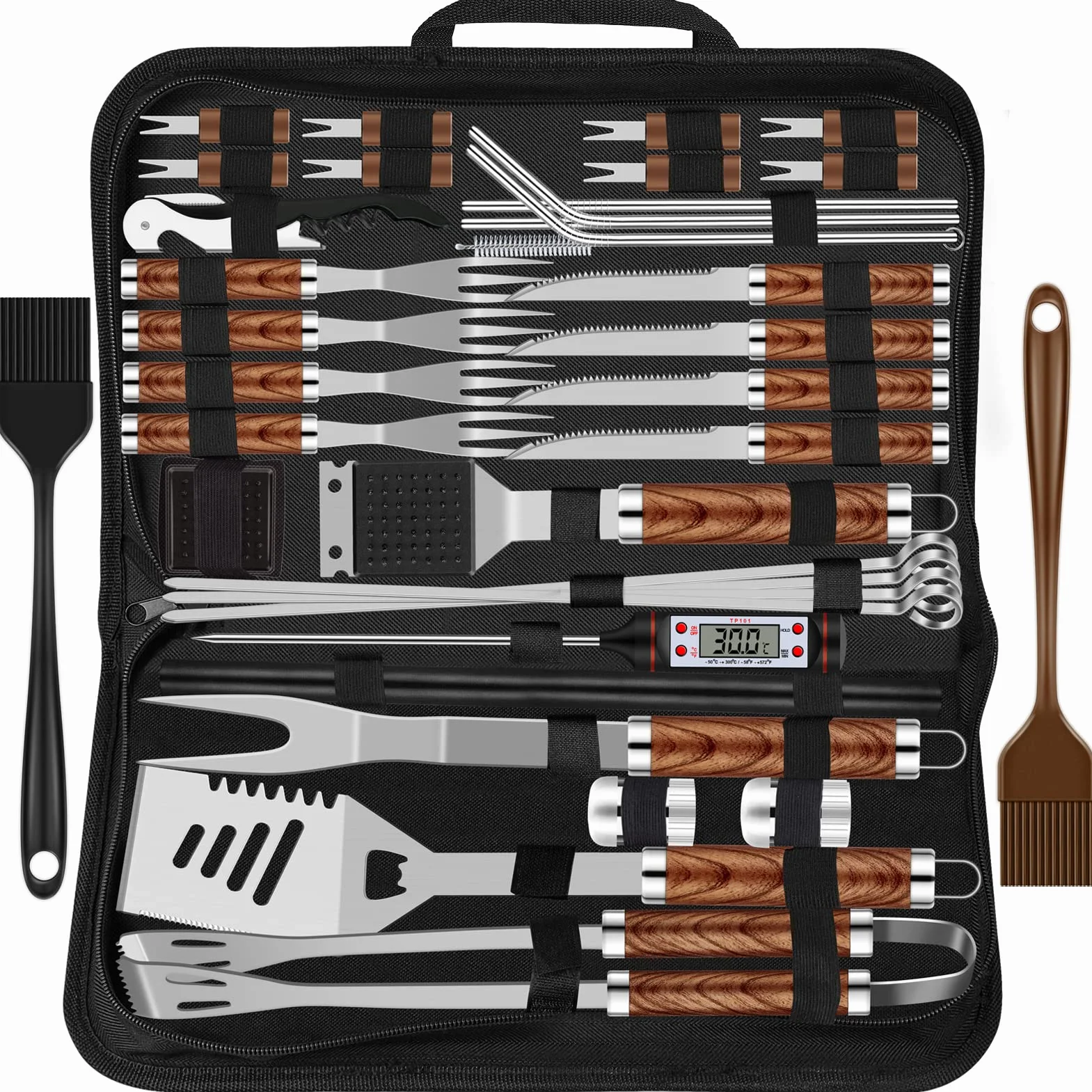 Grilliance Set di 38 posate per barbecue, in acciaio inox, accessori per barbecue per uomini, regalo di compleanno, set di utensili per barbecue di alta qualità, valigetta per barbecue，marrone