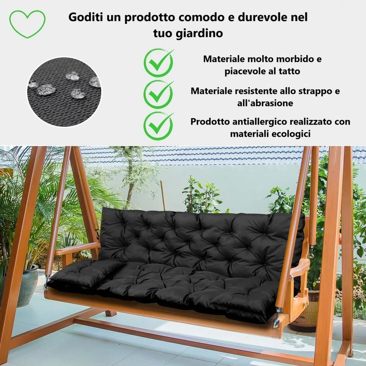 Cuscino 120x60x50 cm trapuntato impermeabile per panca o altalena + 2 piccoli cuscini
