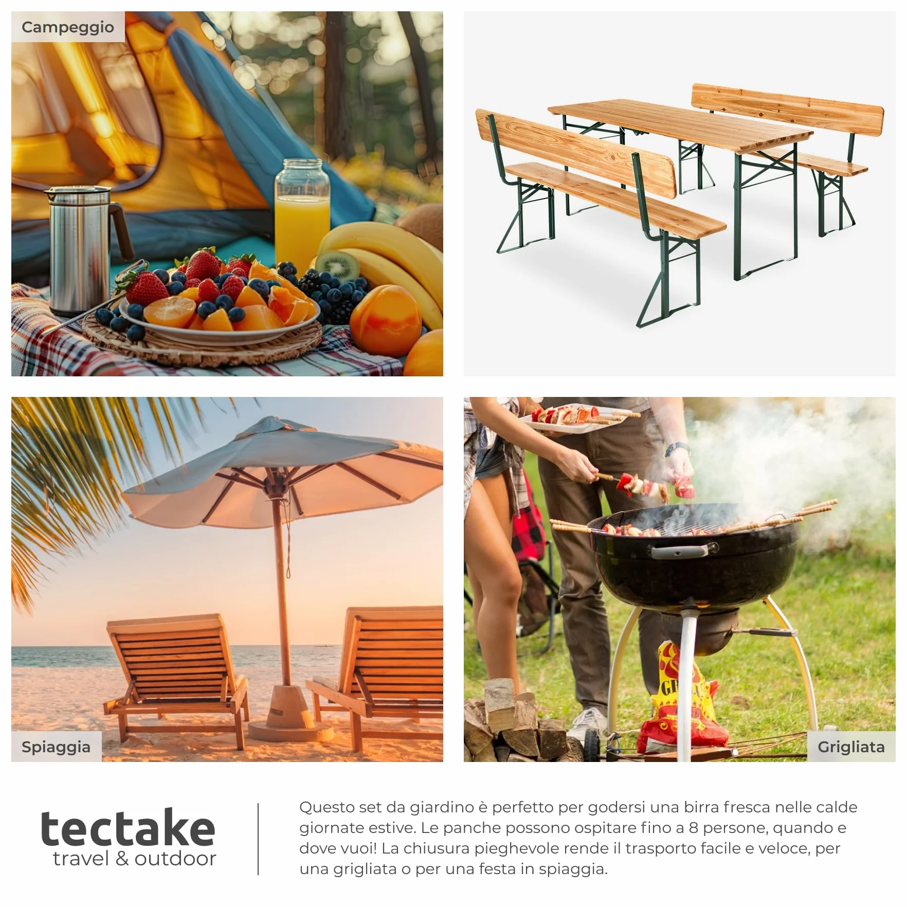 Tectake Set 3 Pezzi da Birreria, Tavolo e Panche da Esterno con Schienale, Acciaio, Tavolo 170x69x76 cm