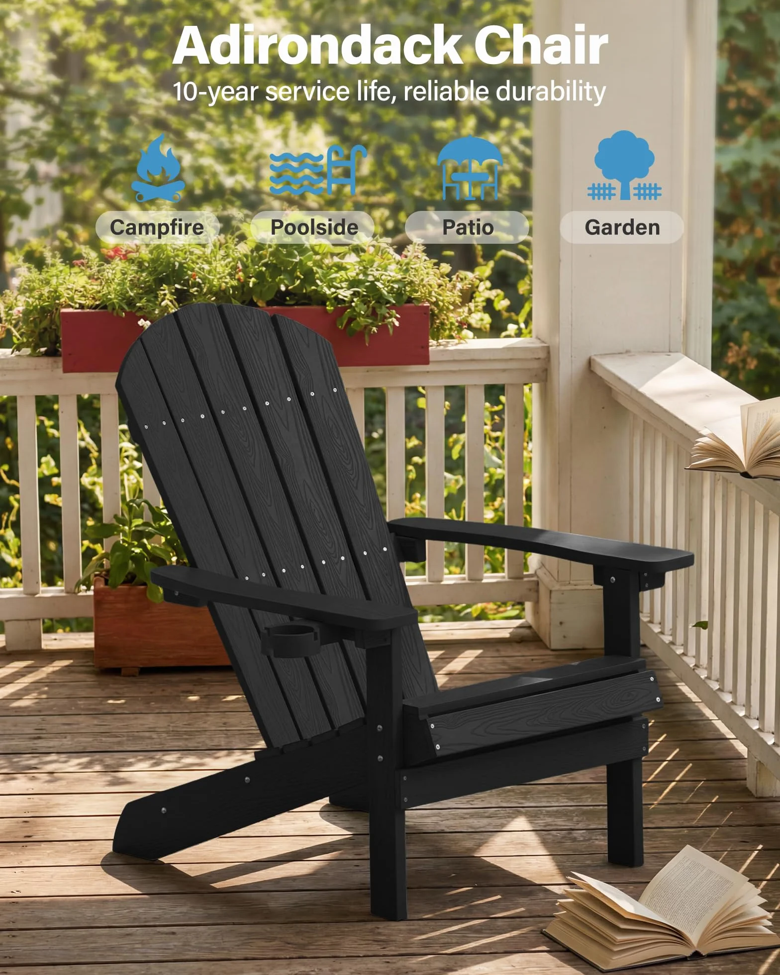 MXIMU Adirondack - Sedia da giardino per esterni, con schienale ergonomico e confortevole, resistente ai fianchi, con portabicchieri, per tutte le condizioni atmosferiche, per patio, braciere