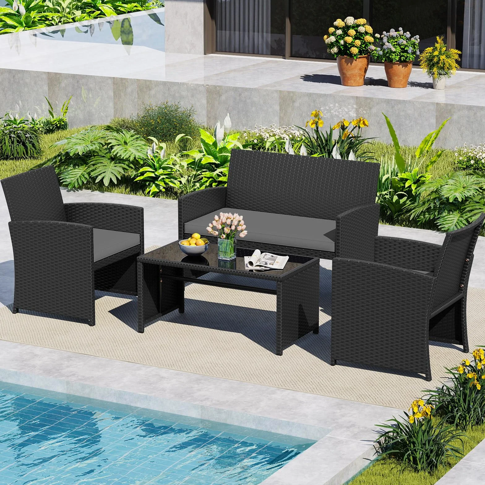 COSTWAY Set Salotto da Giardino 4 Pezzi, Divanetto e Poltrone in Rattan con Tavolino da Caffè in Vetro Temperato, Grigio